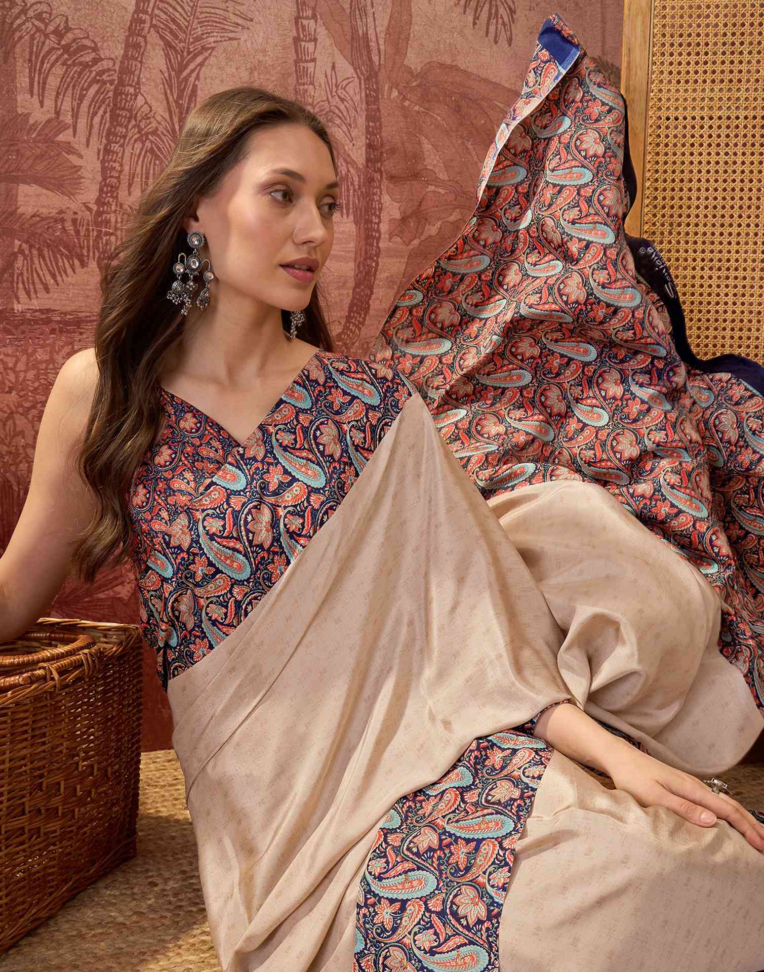 Beige Crepe Silk Printed Saree