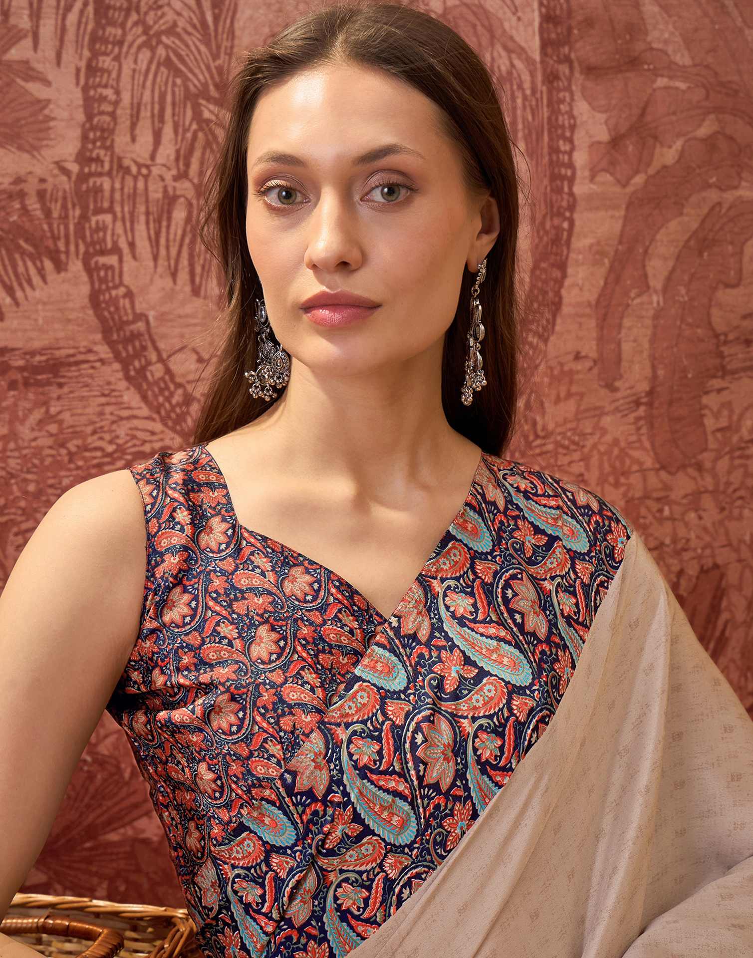 Beige Crepe Silk Printed Saree