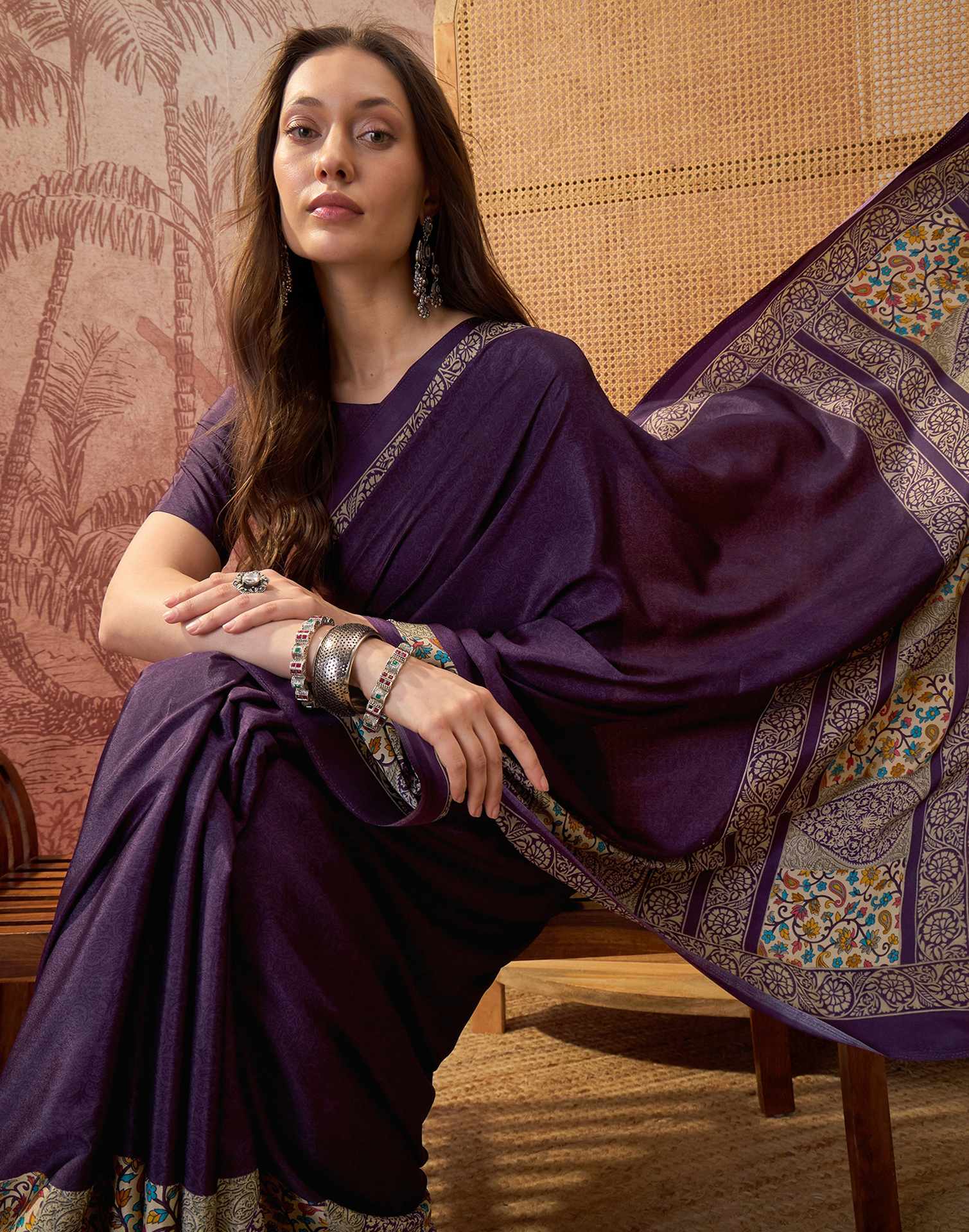 Dark Purple Crepe Silk Printed Saree