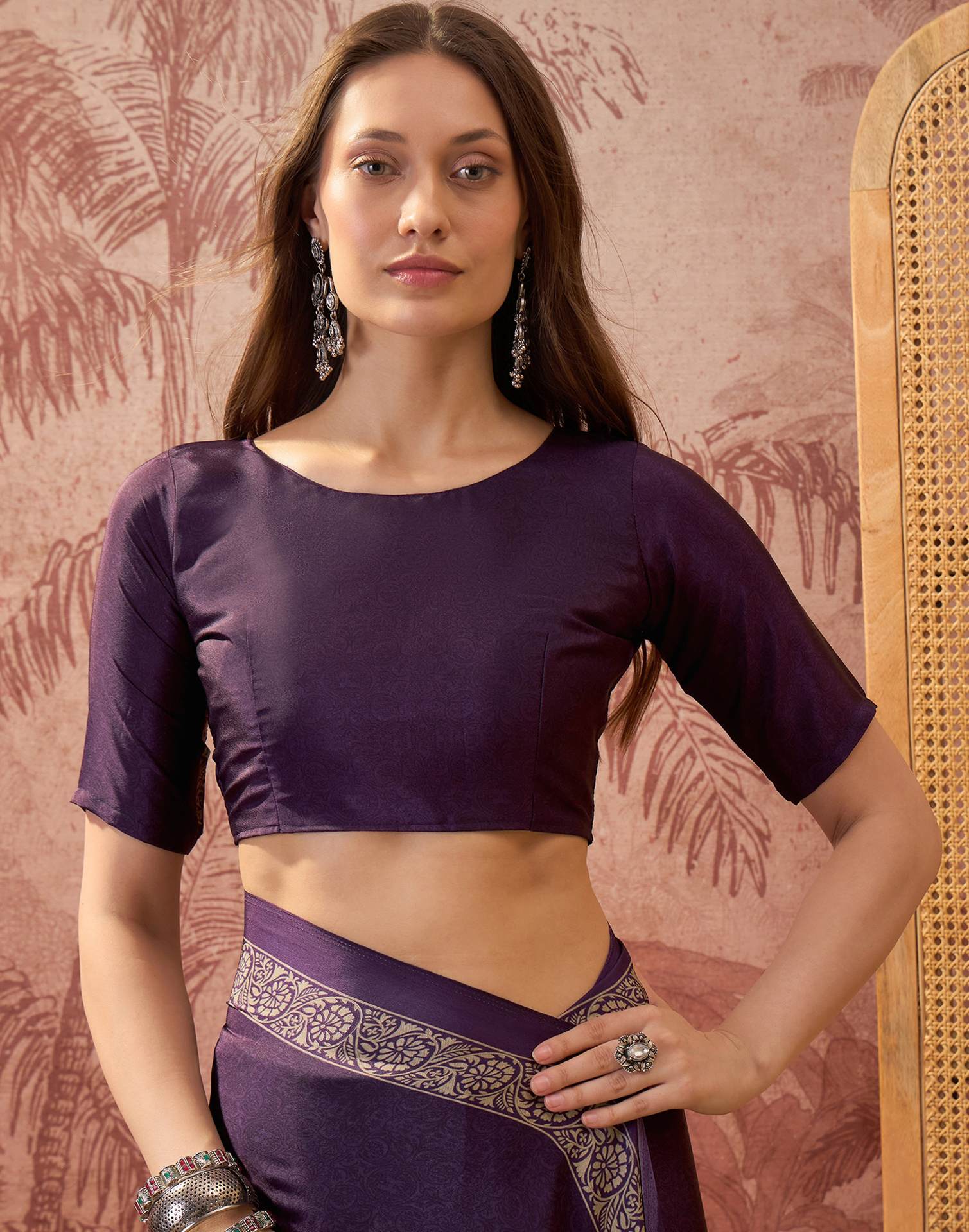 Dark Purple Crepe Silk Printed Saree