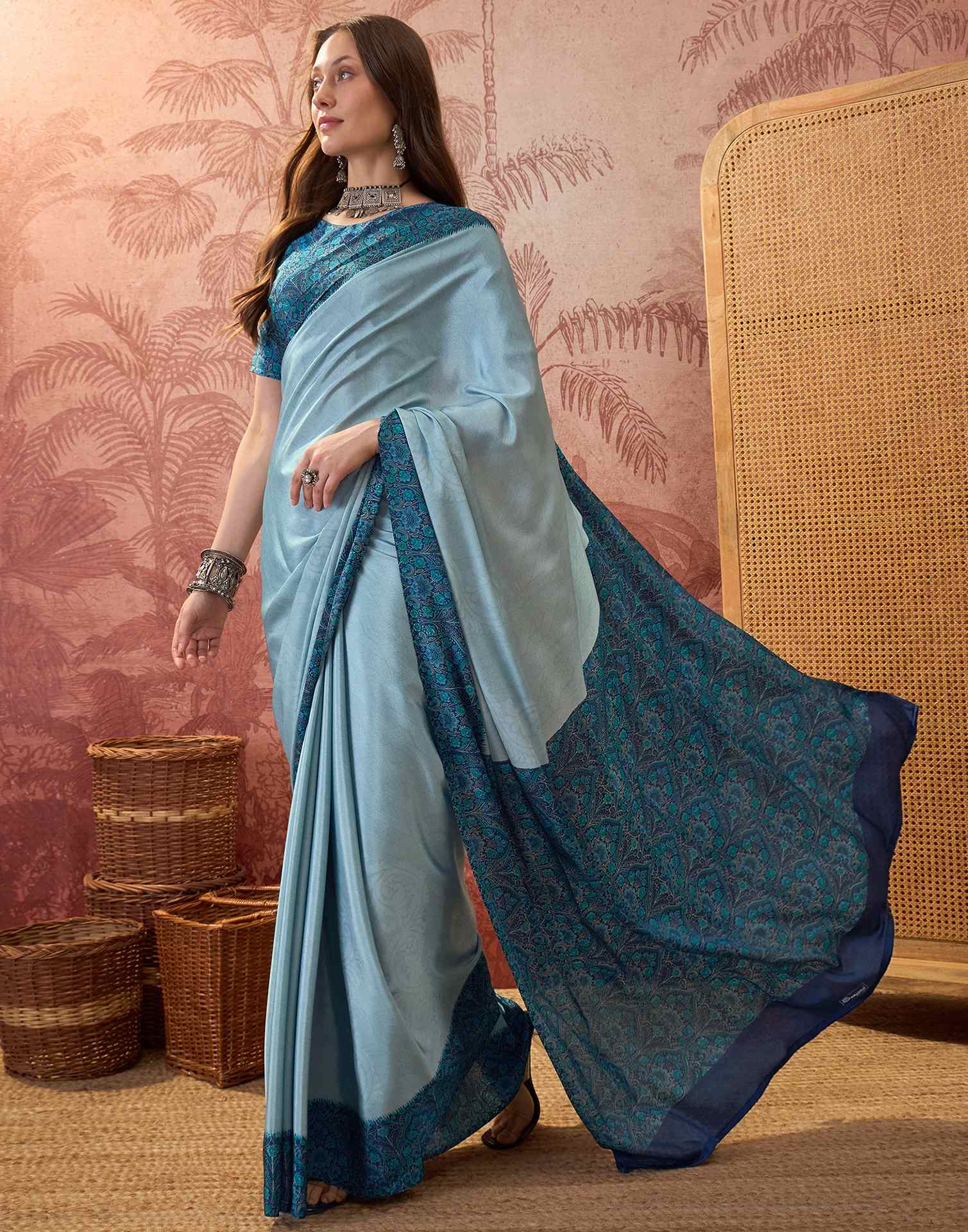 Light Blue Crepe Silk Printed Saree