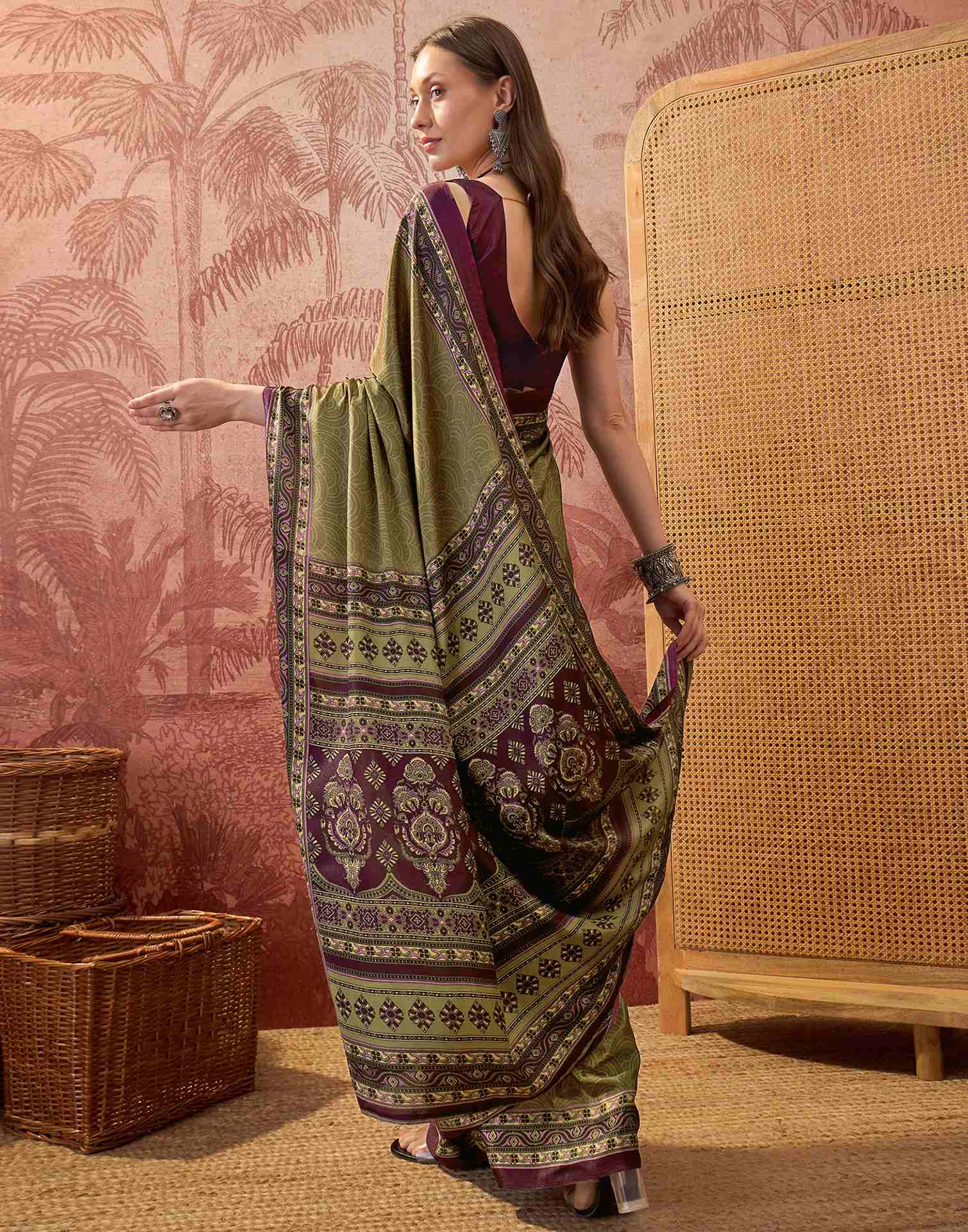 Mehndi Green Crepe Silk Printed Saree