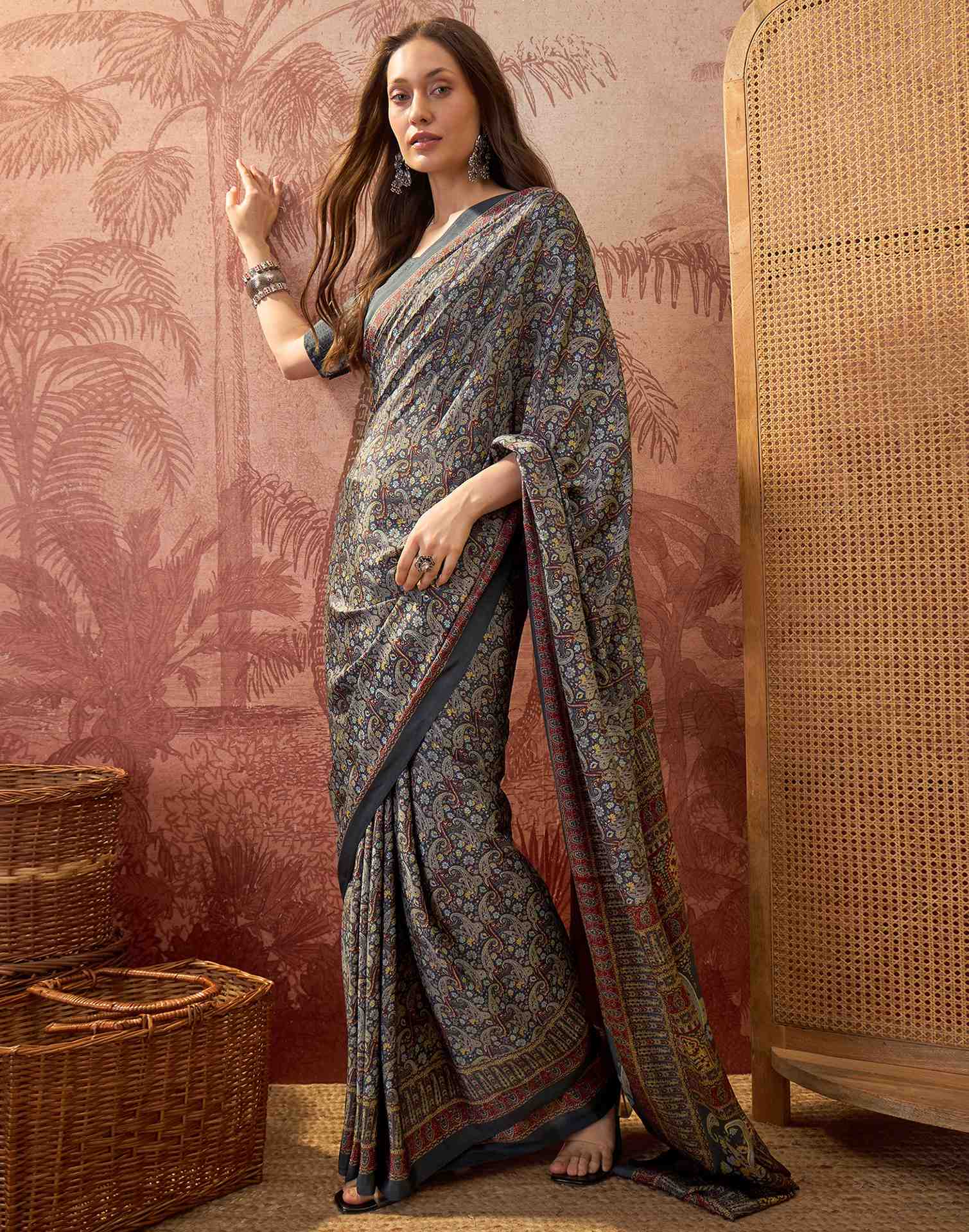 Grey Crepe Silk Printed Saree