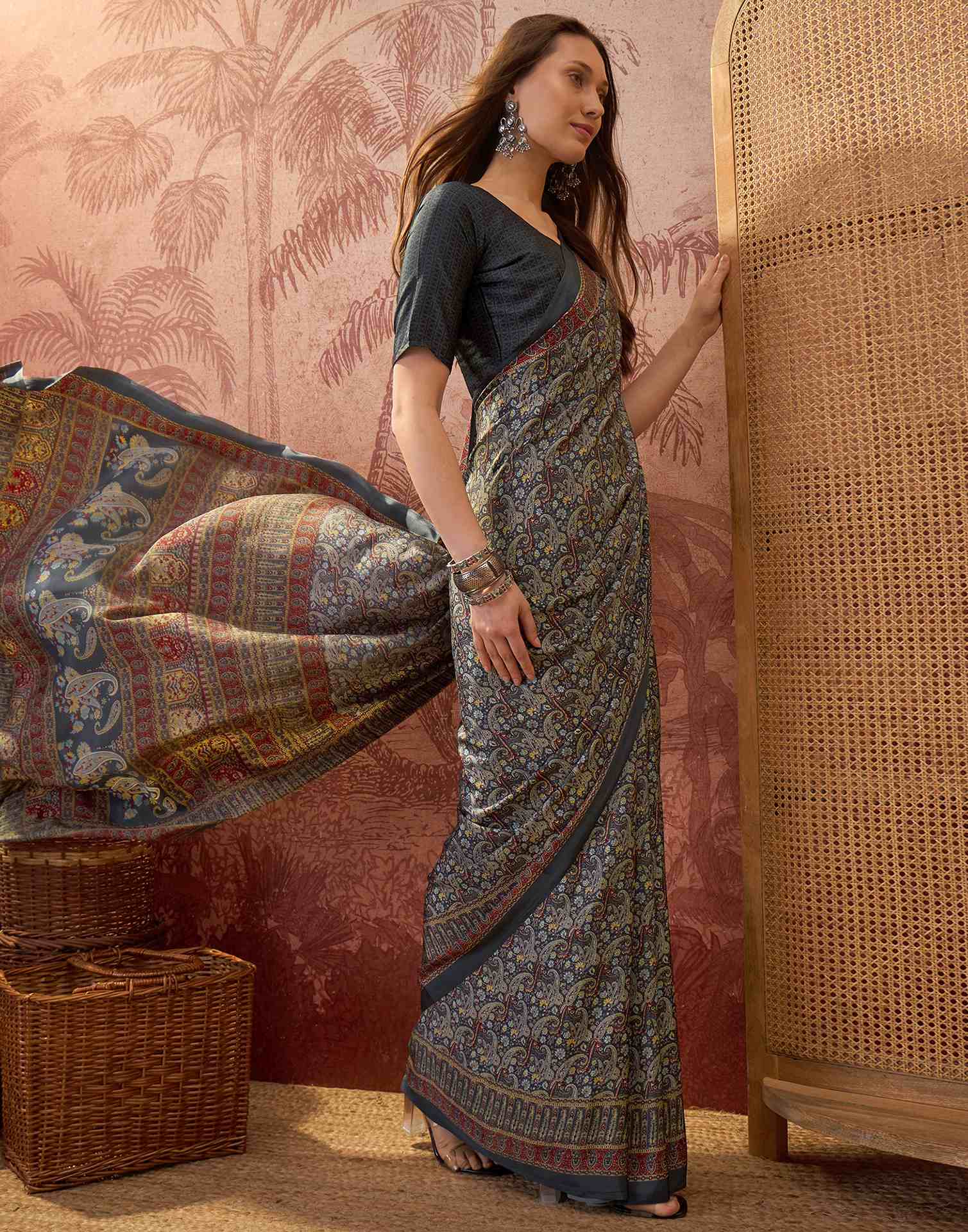 Grey Crepe Silk Printed Saree