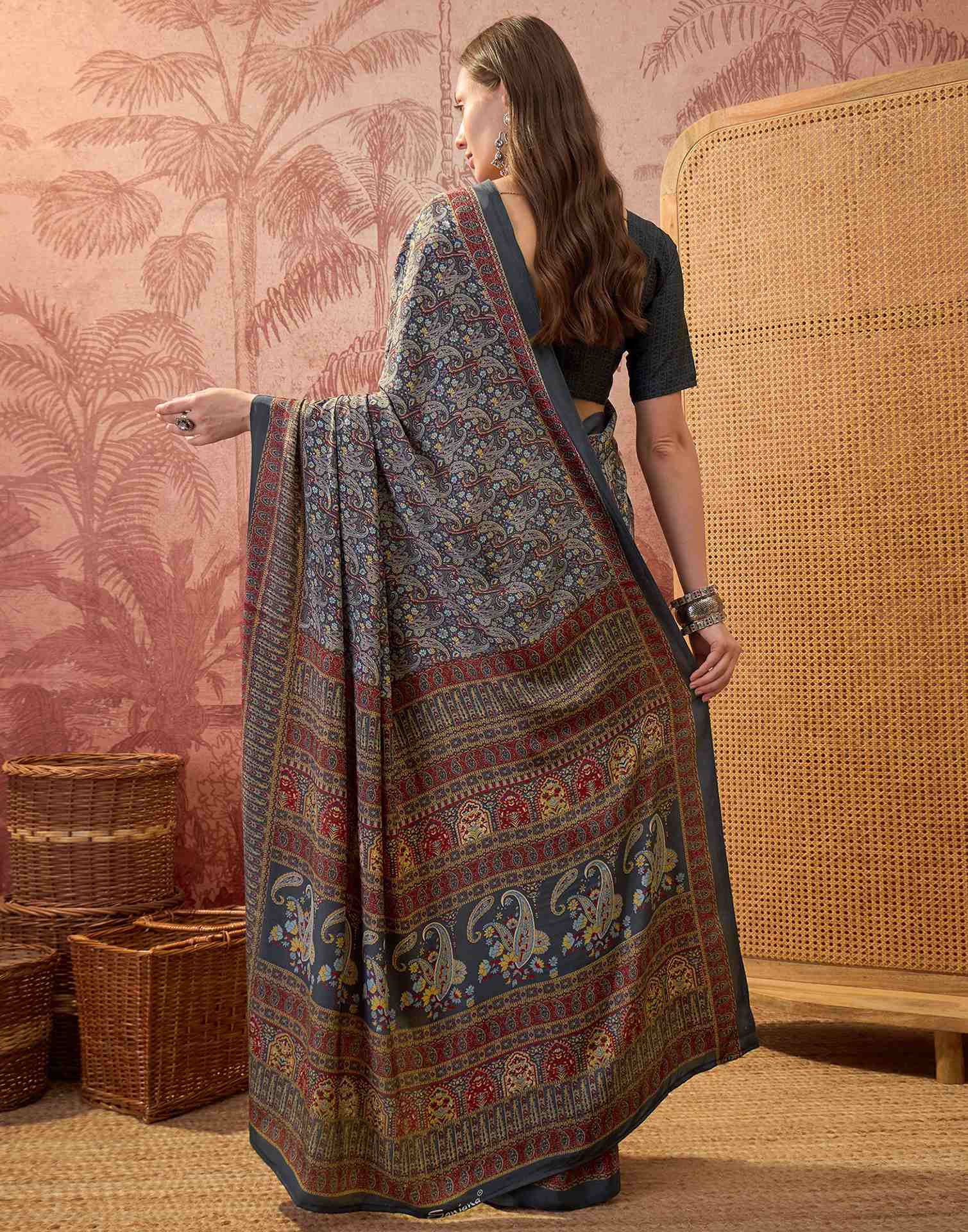 Grey Crepe Silk Printed Saree