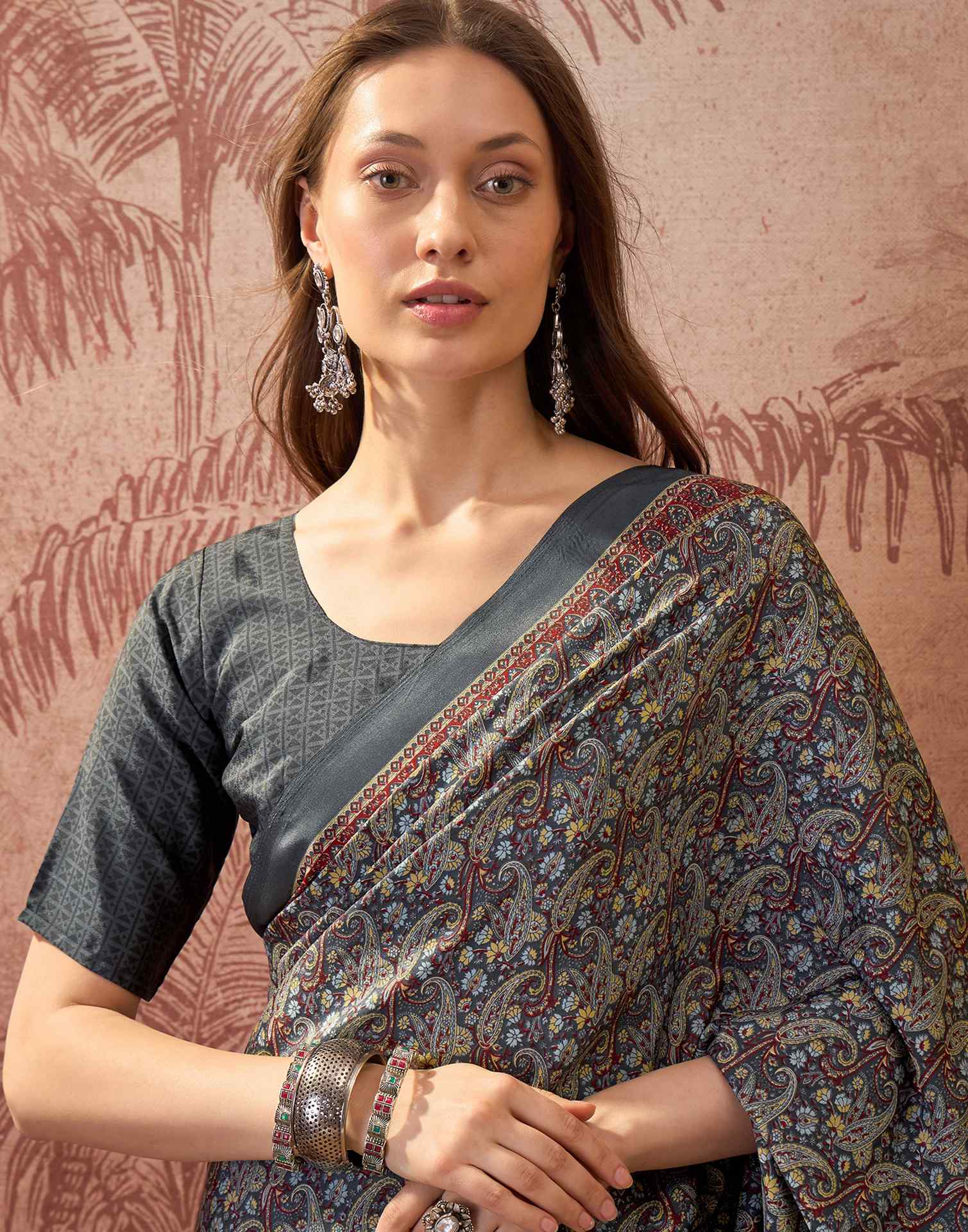 Grey Crepe Silk Printed Saree