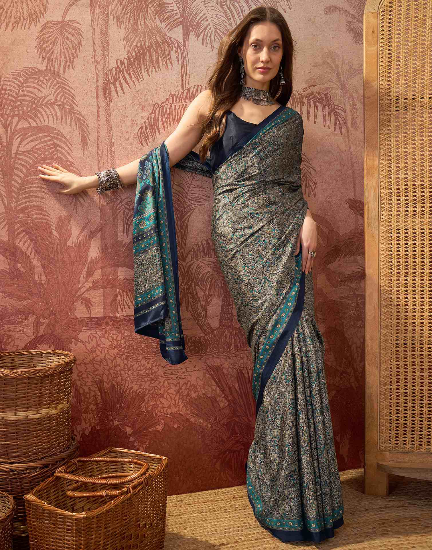 Navy Blue Crepe Silk Printed Saree