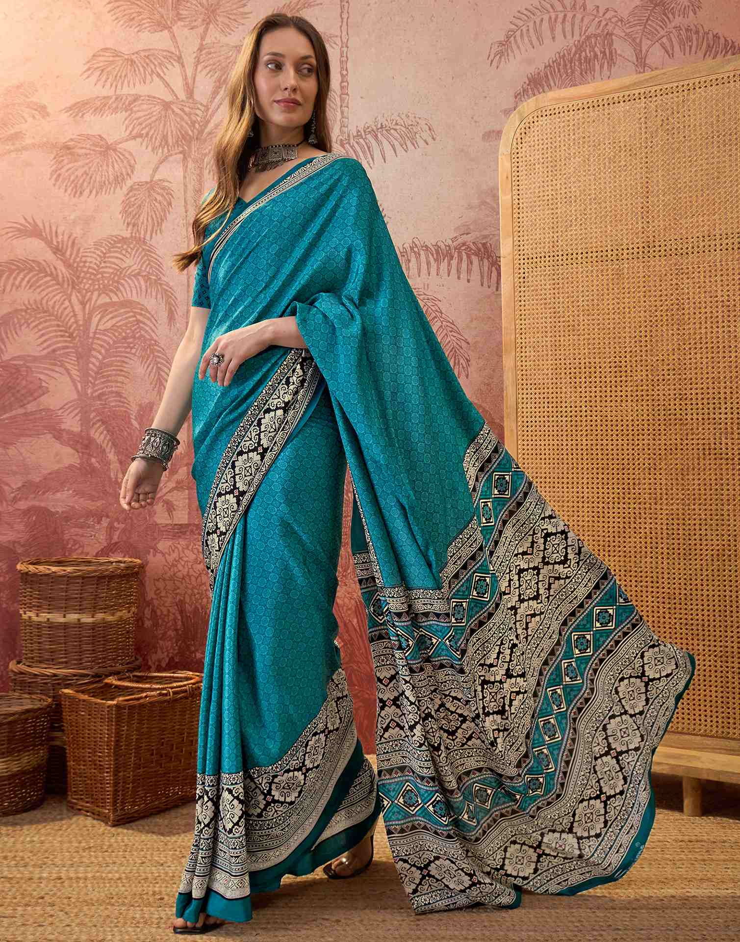 Teal Blue Crepe Silk Printed Saree