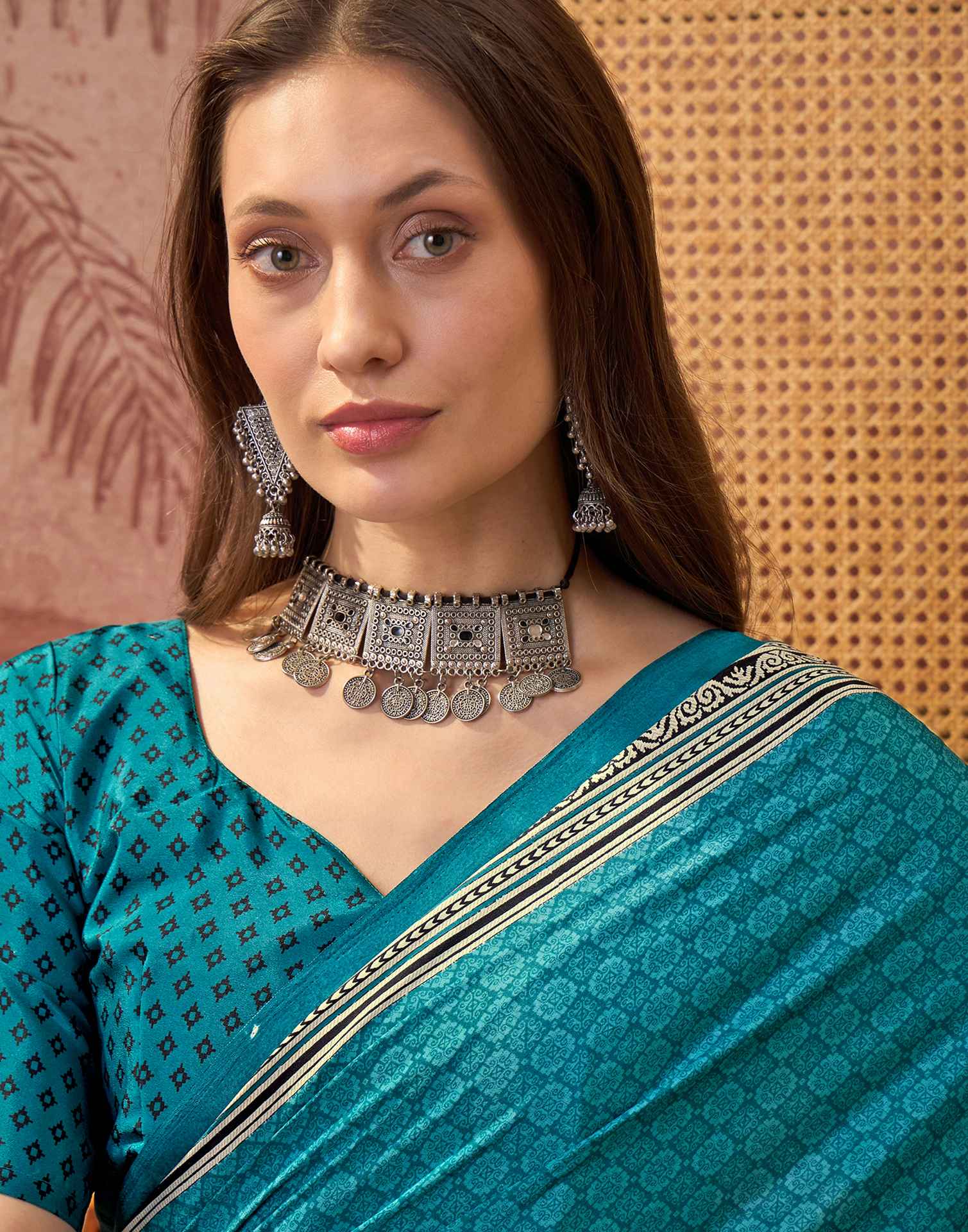 Teal Blue Crepe Silk Printed Saree