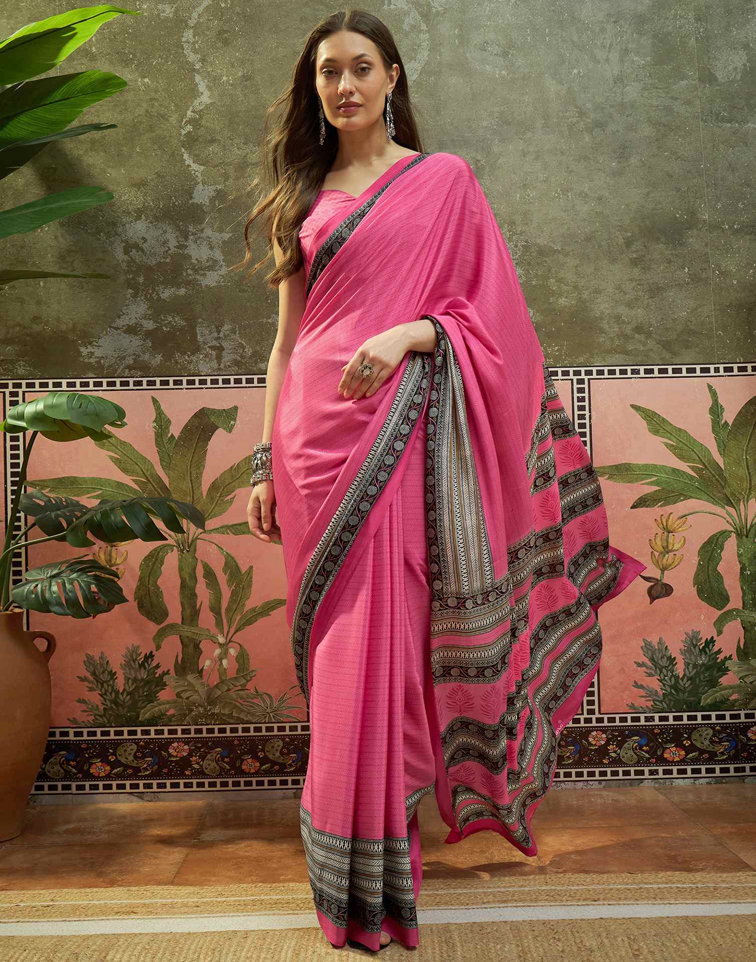 Pink Crepe Silk Printed Saree