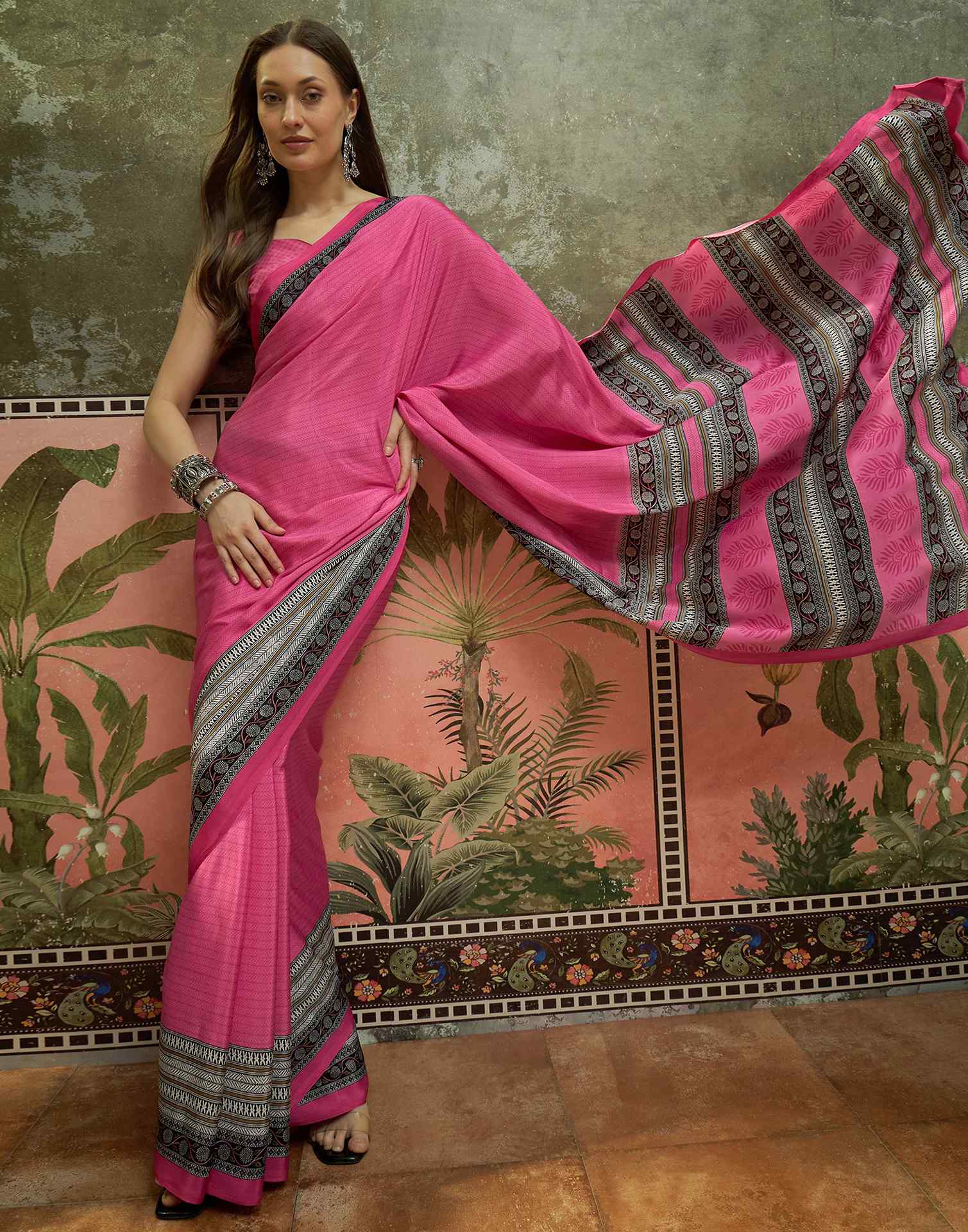 Pink Crepe Silk Printed Saree
