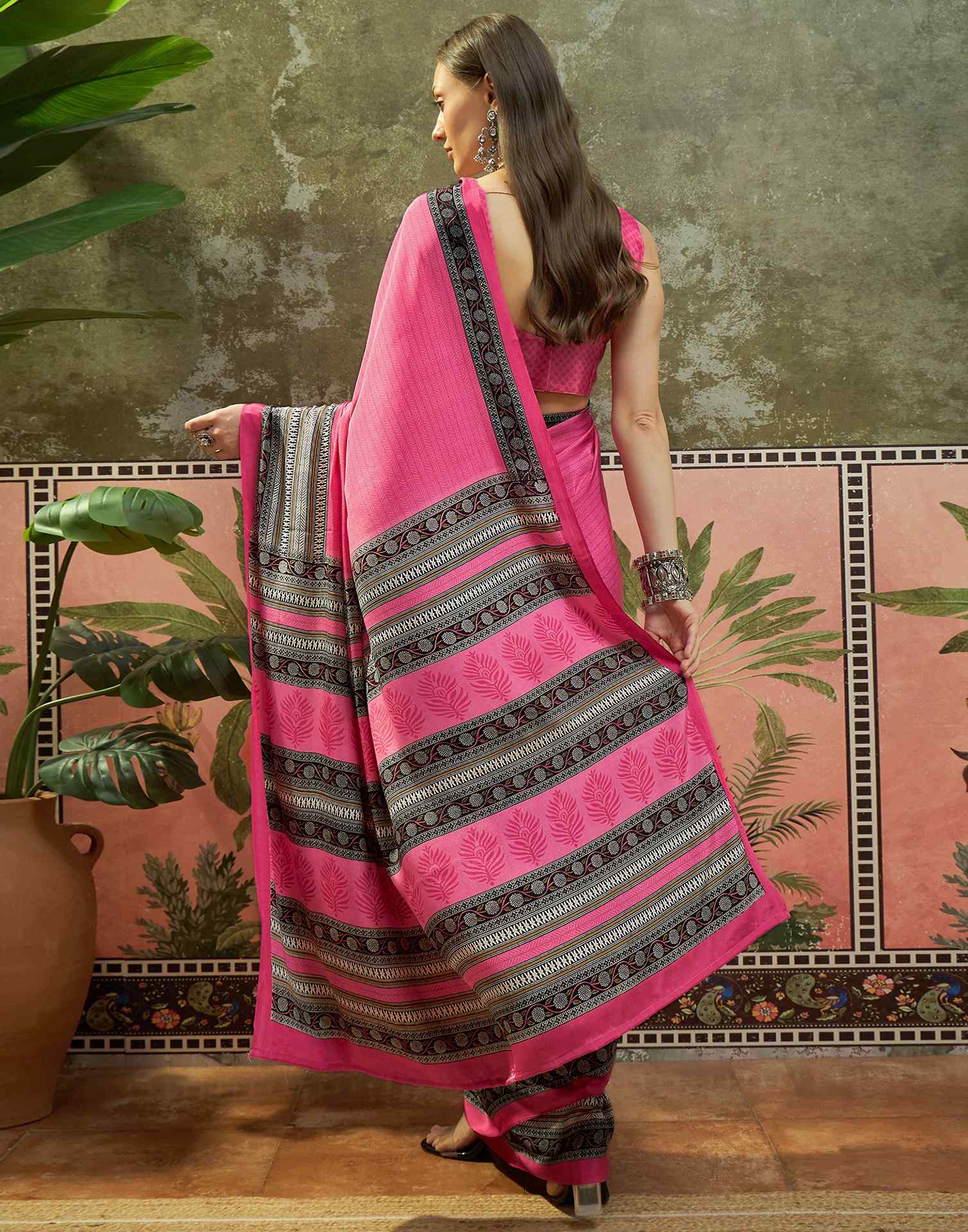 Pink Crepe Silk Printed Saree