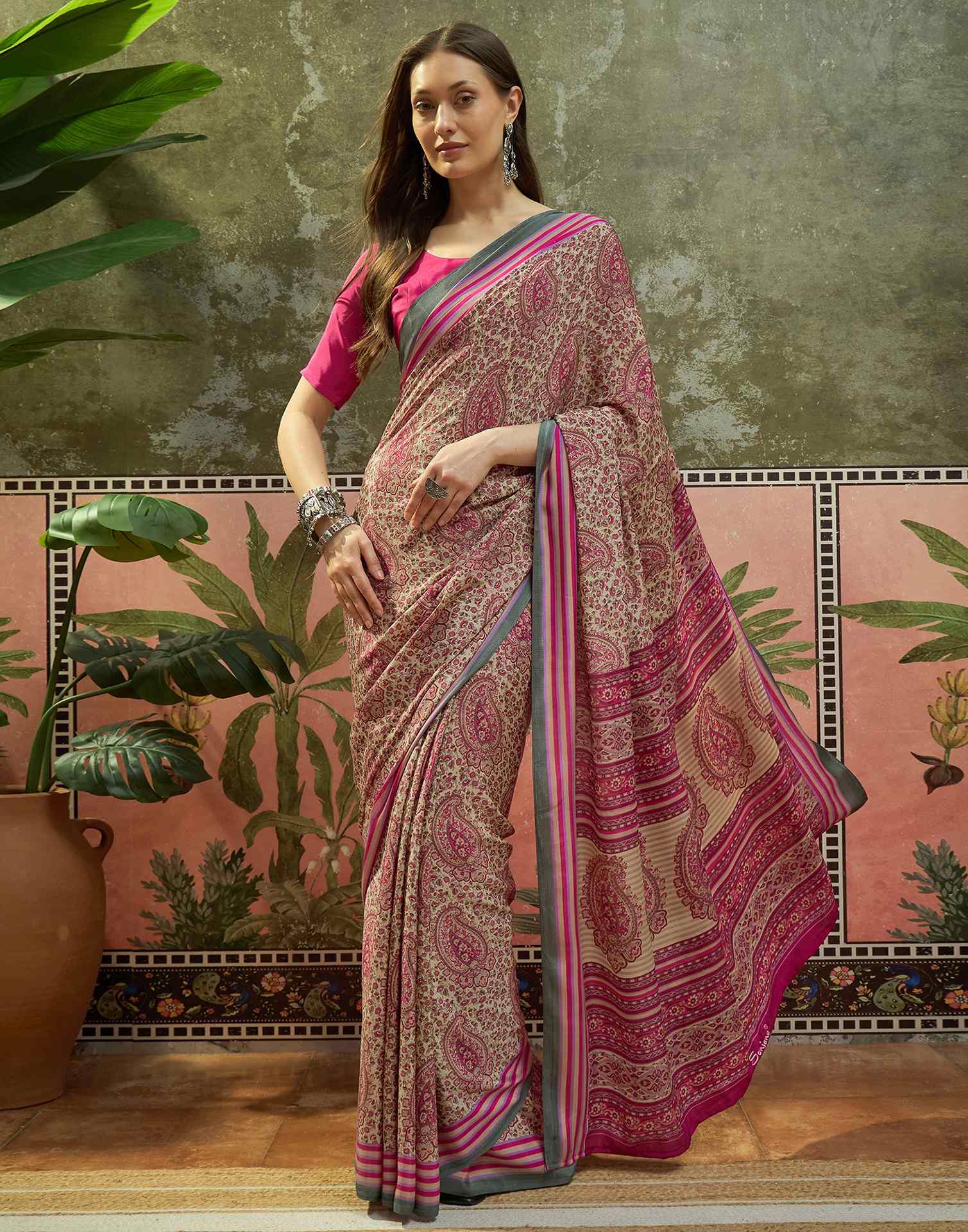 Beige Crepe Silk Printed Saree