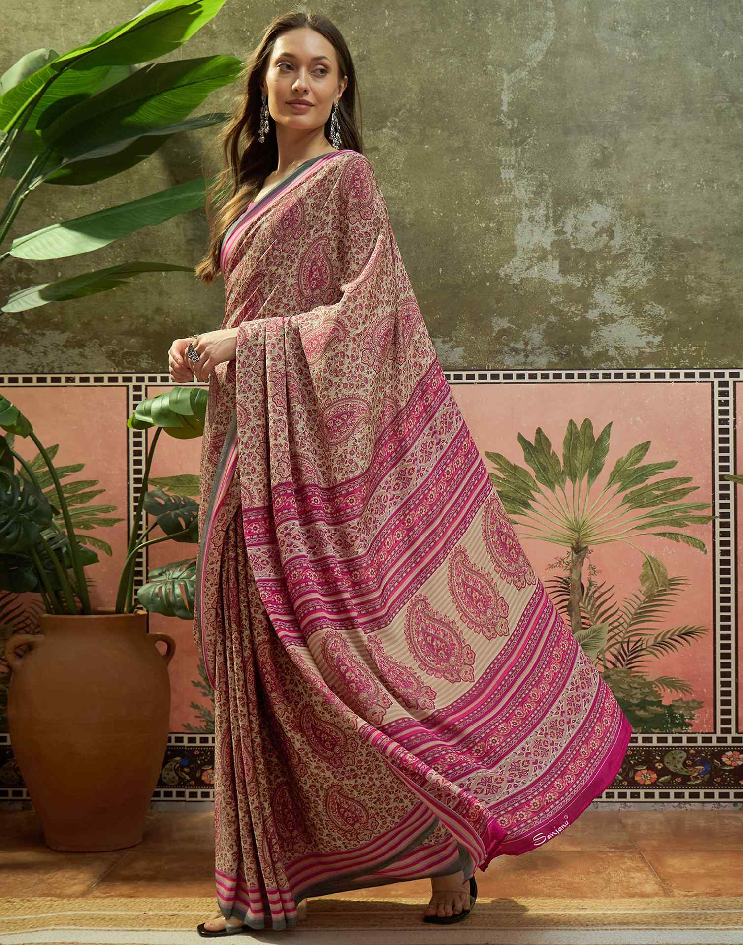 Beige Crepe Silk Printed Saree