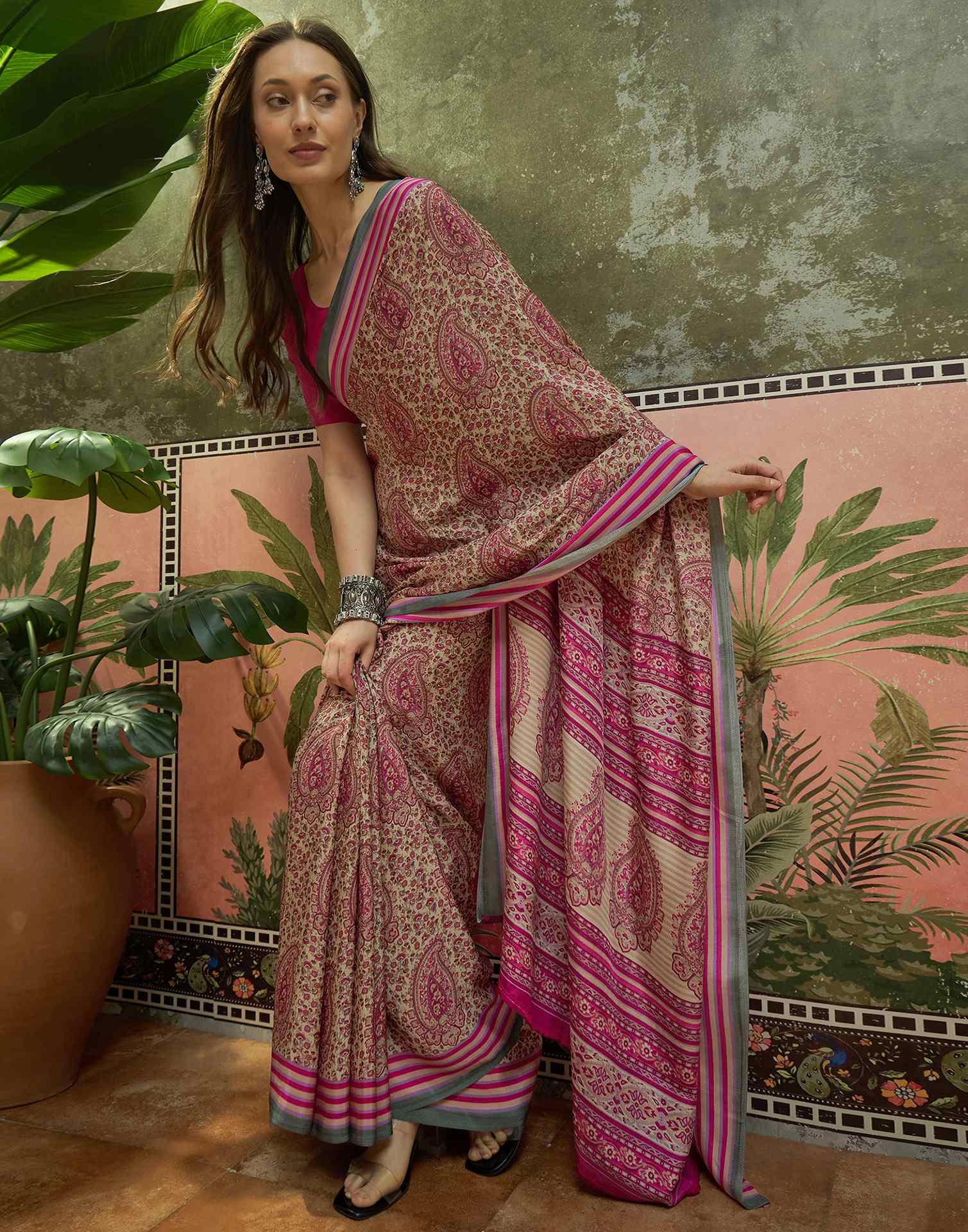 Beige Crepe Silk Printed Saree