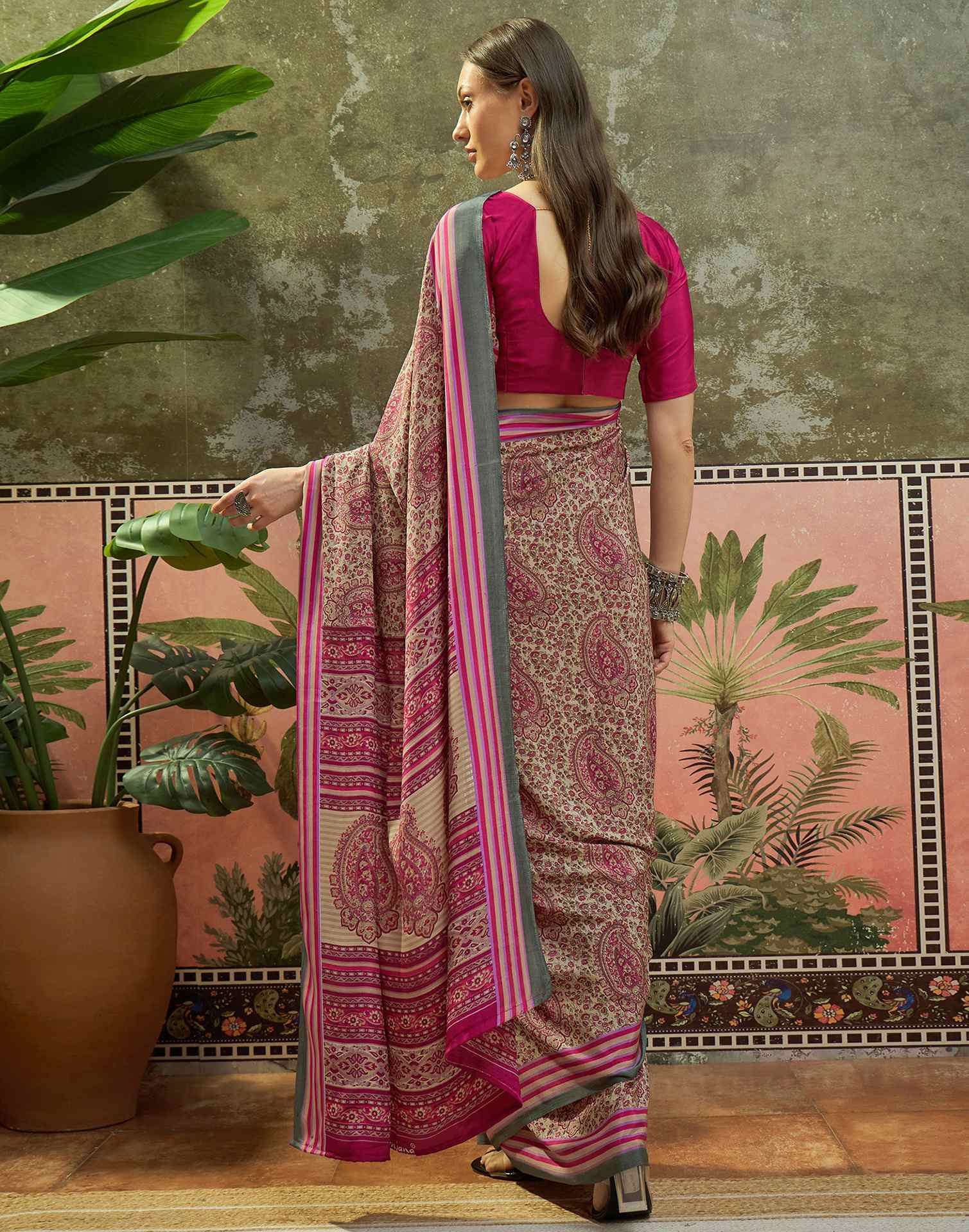Beige Crepe Silk Printed Saree