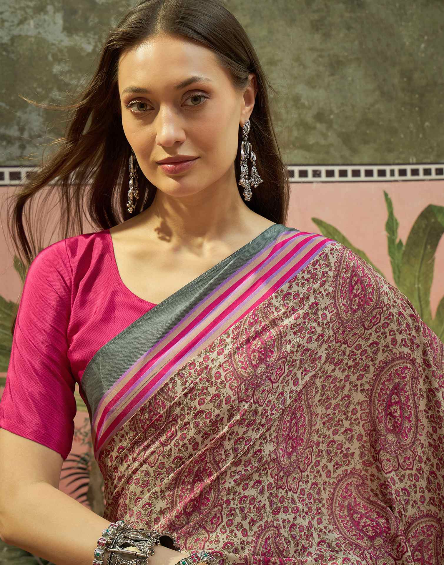 Beige Crepe Silk Printed Saree