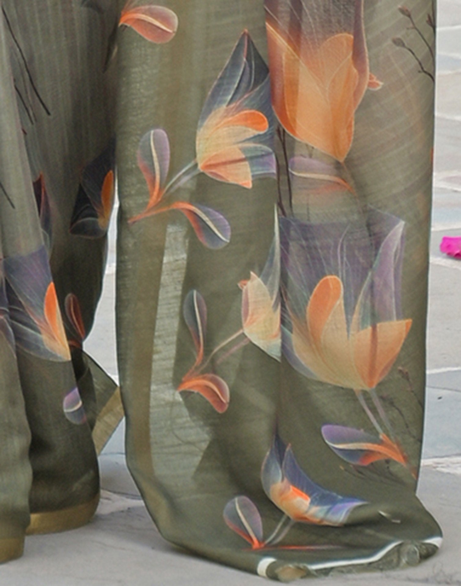 Dusty Green Linen Floral Printed Saree
