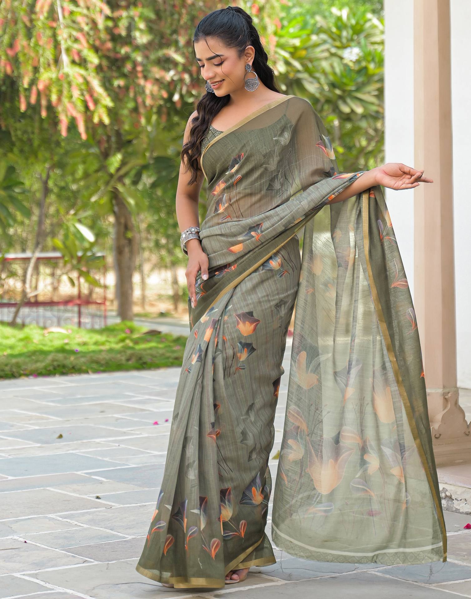 Dusty Green Linen Floral Printed Saree
