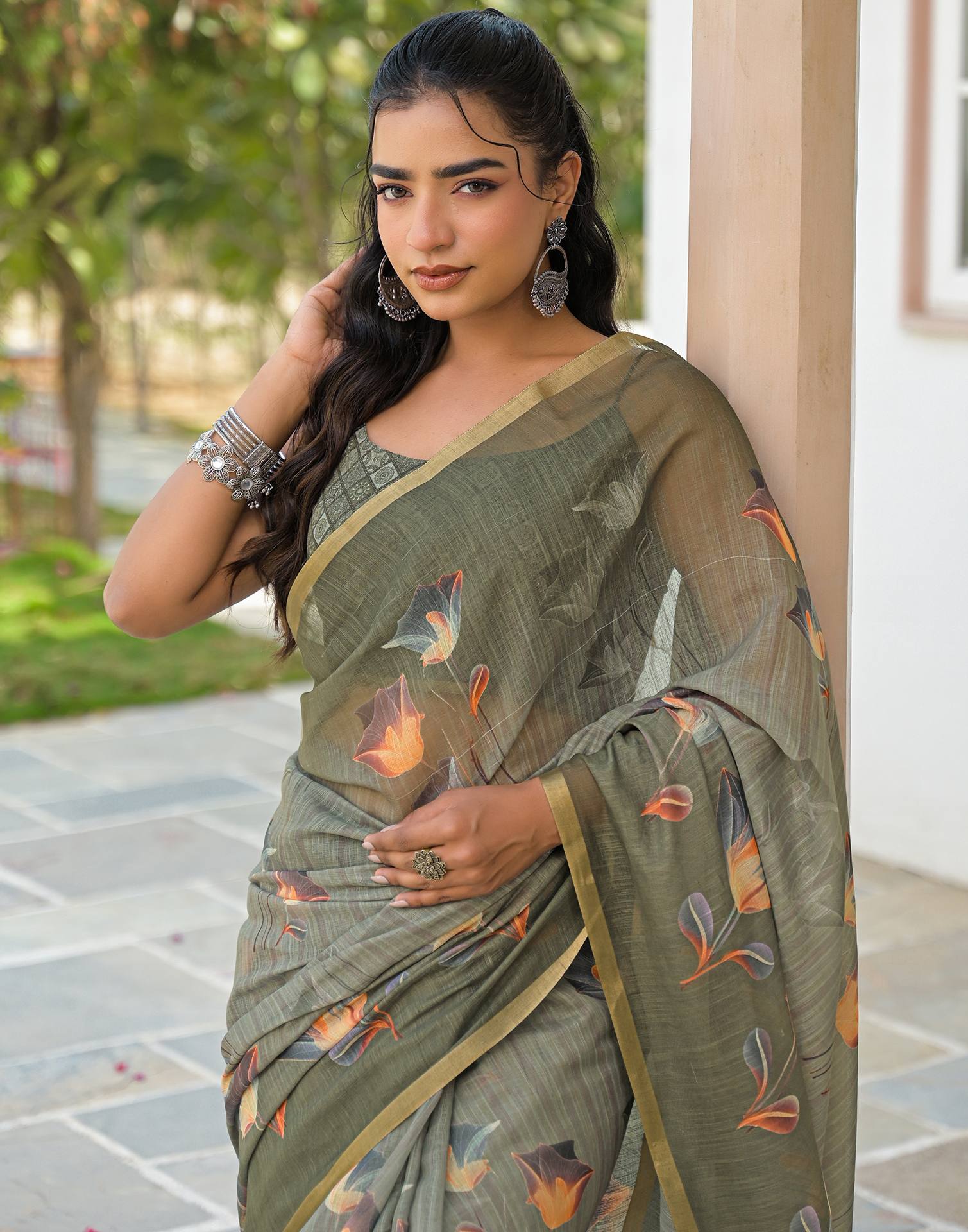 Dusty Green Linen Floral Printed Saree