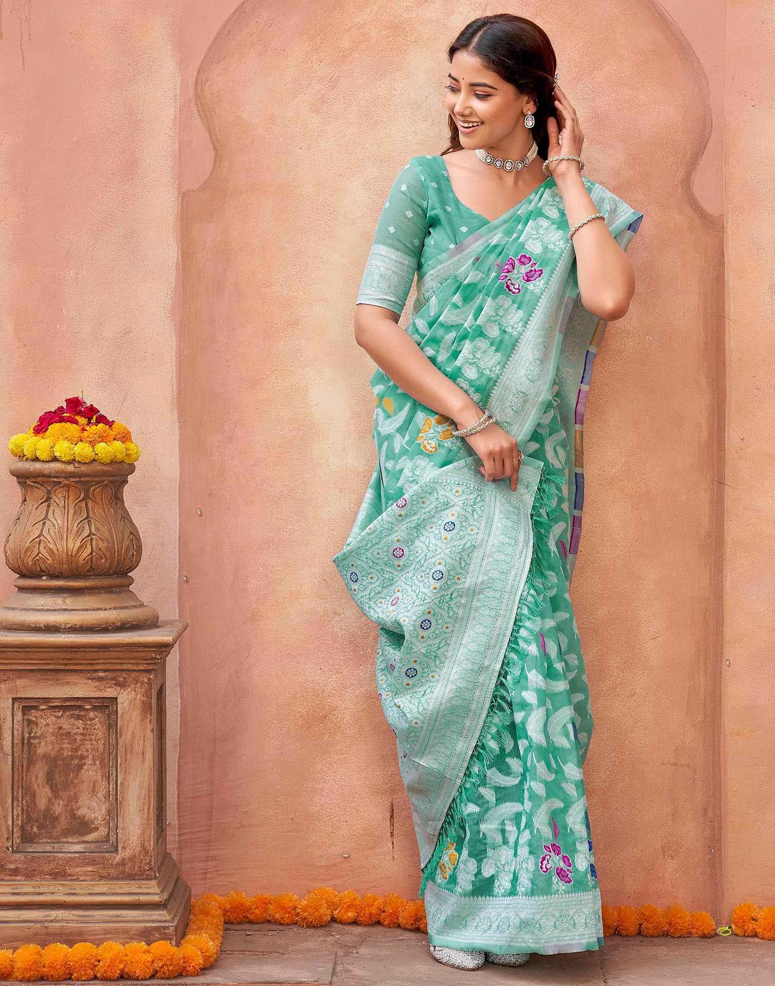 Turquoise Chanderi Woven Saree