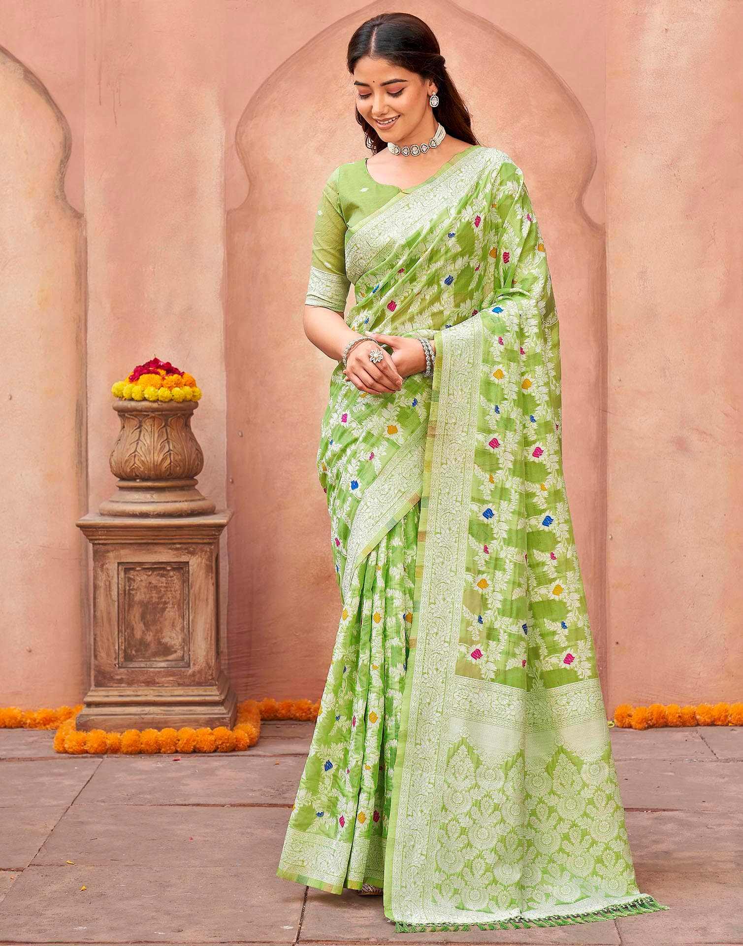 Pista Green Chanderi Woven Saree