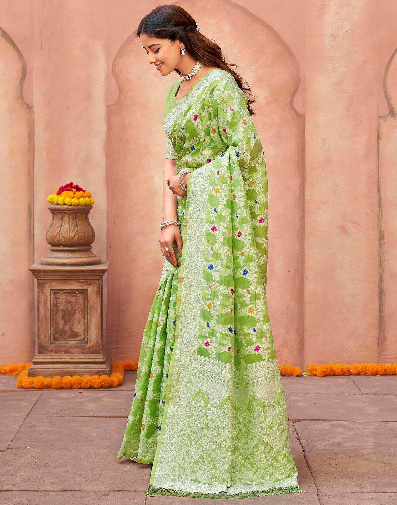 Pista Green Chanderi Woven Saree