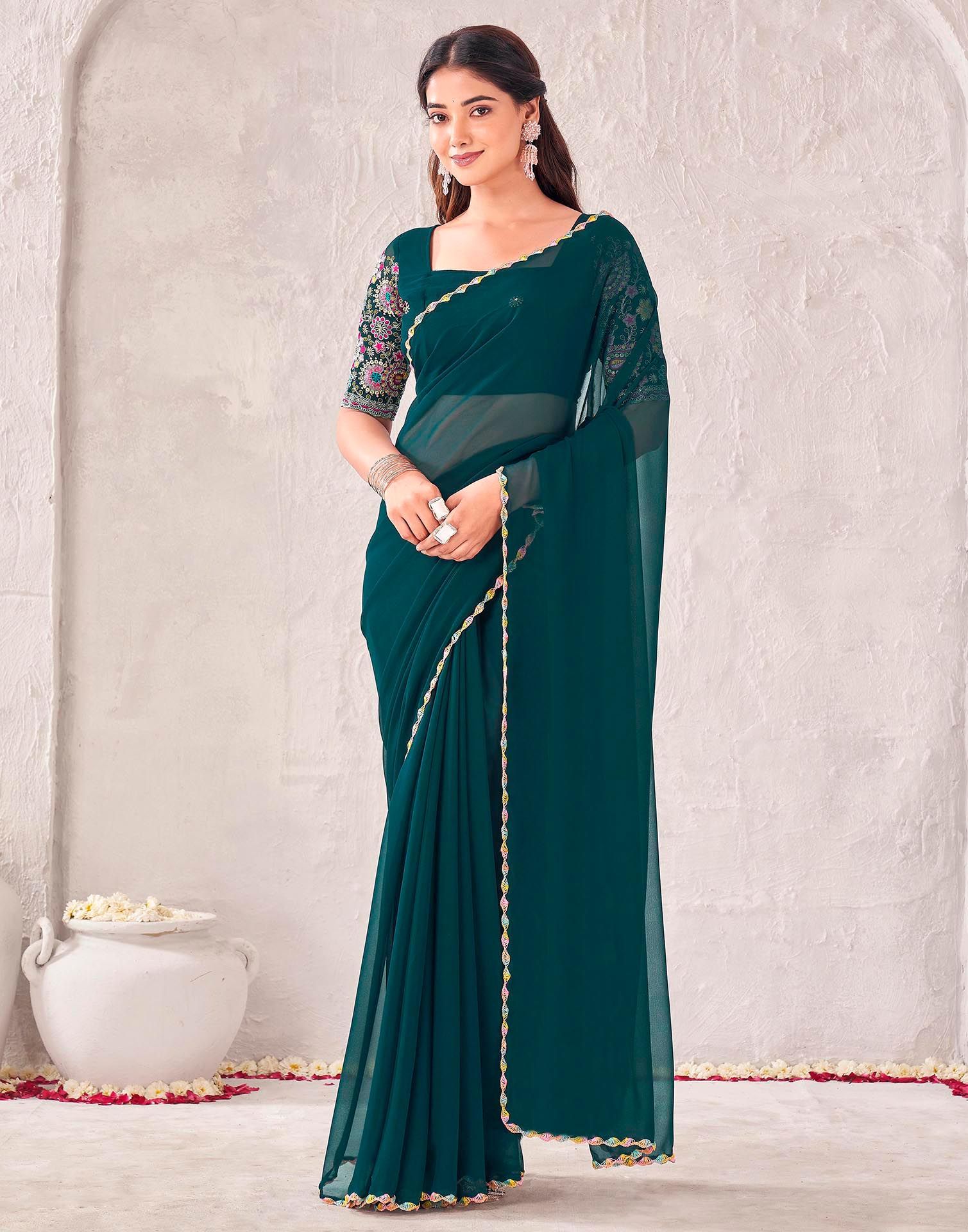Dark Green Georgette Embroidery Saree