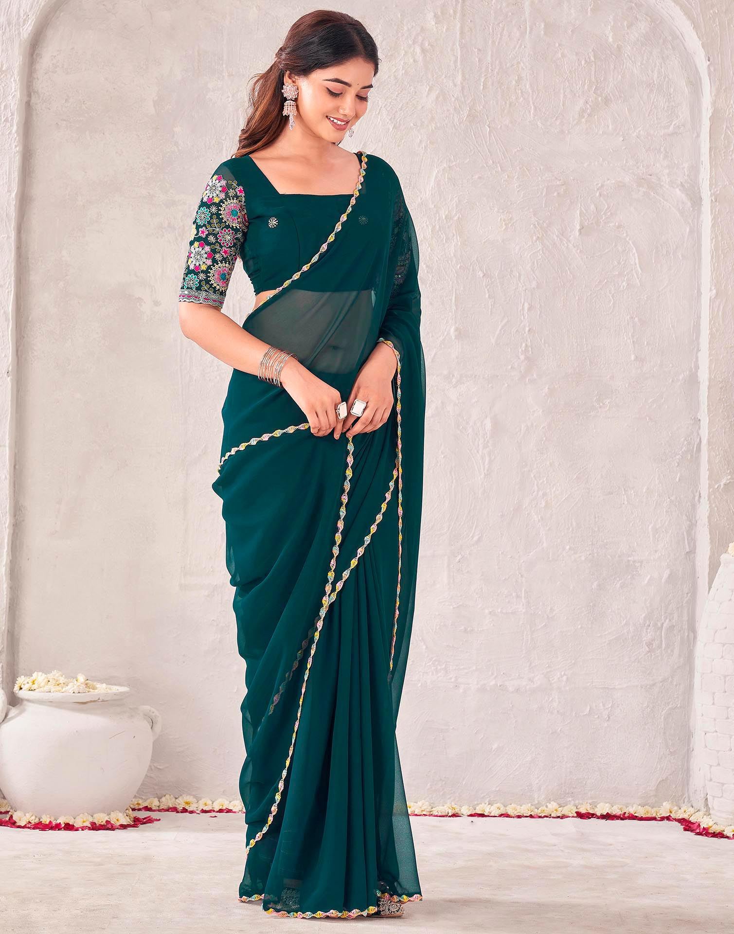 Dark Green Georgette Embroidery Saree