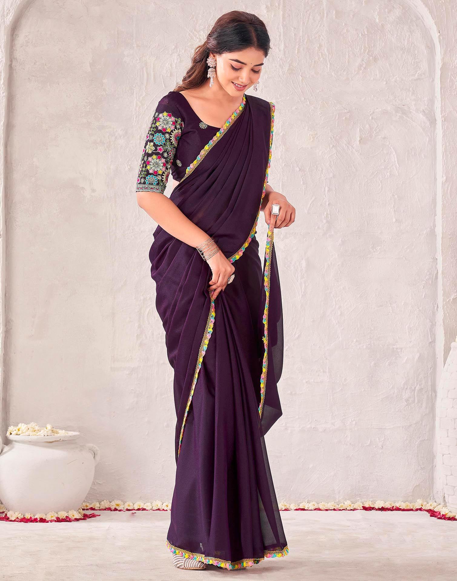 Wine Georgette Embroidery Lace Saree