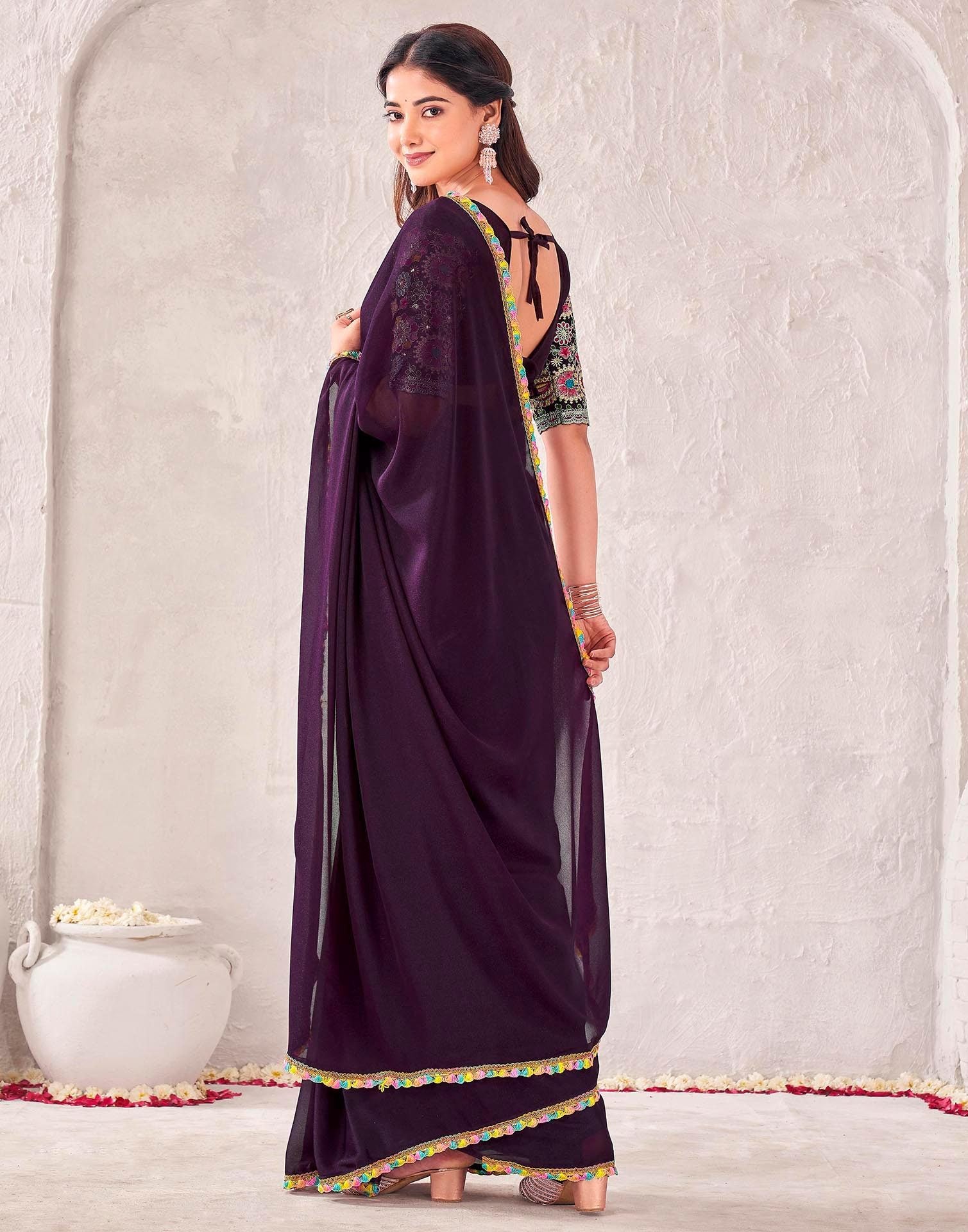 Wine Georgette Embroidery Lace Saree
