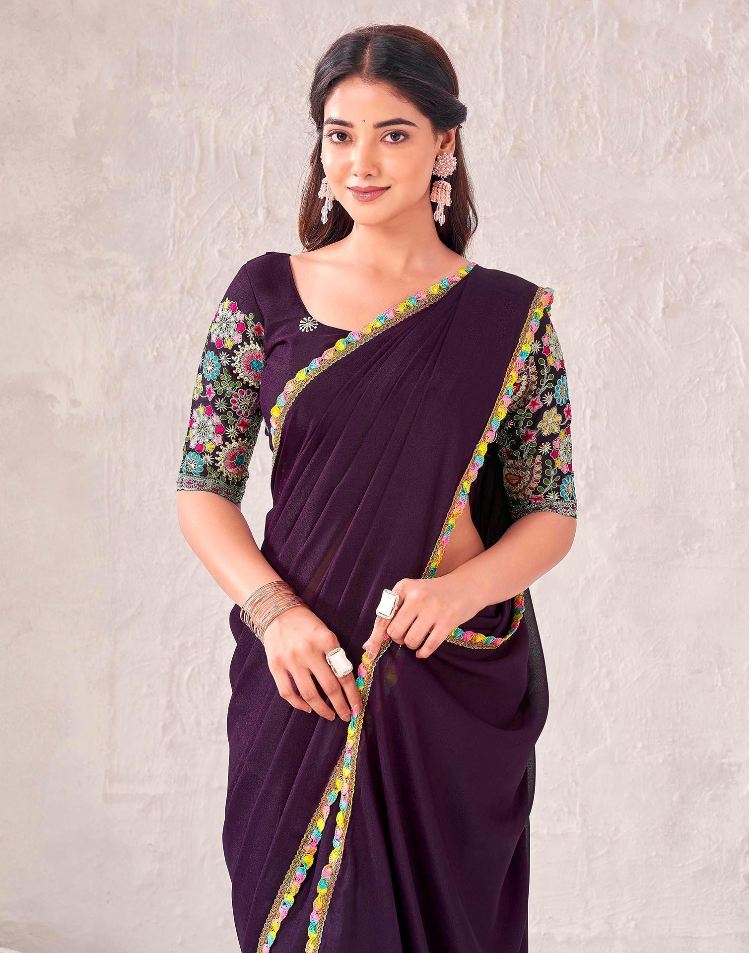 Wine Georgette Embroidery Lace Saree