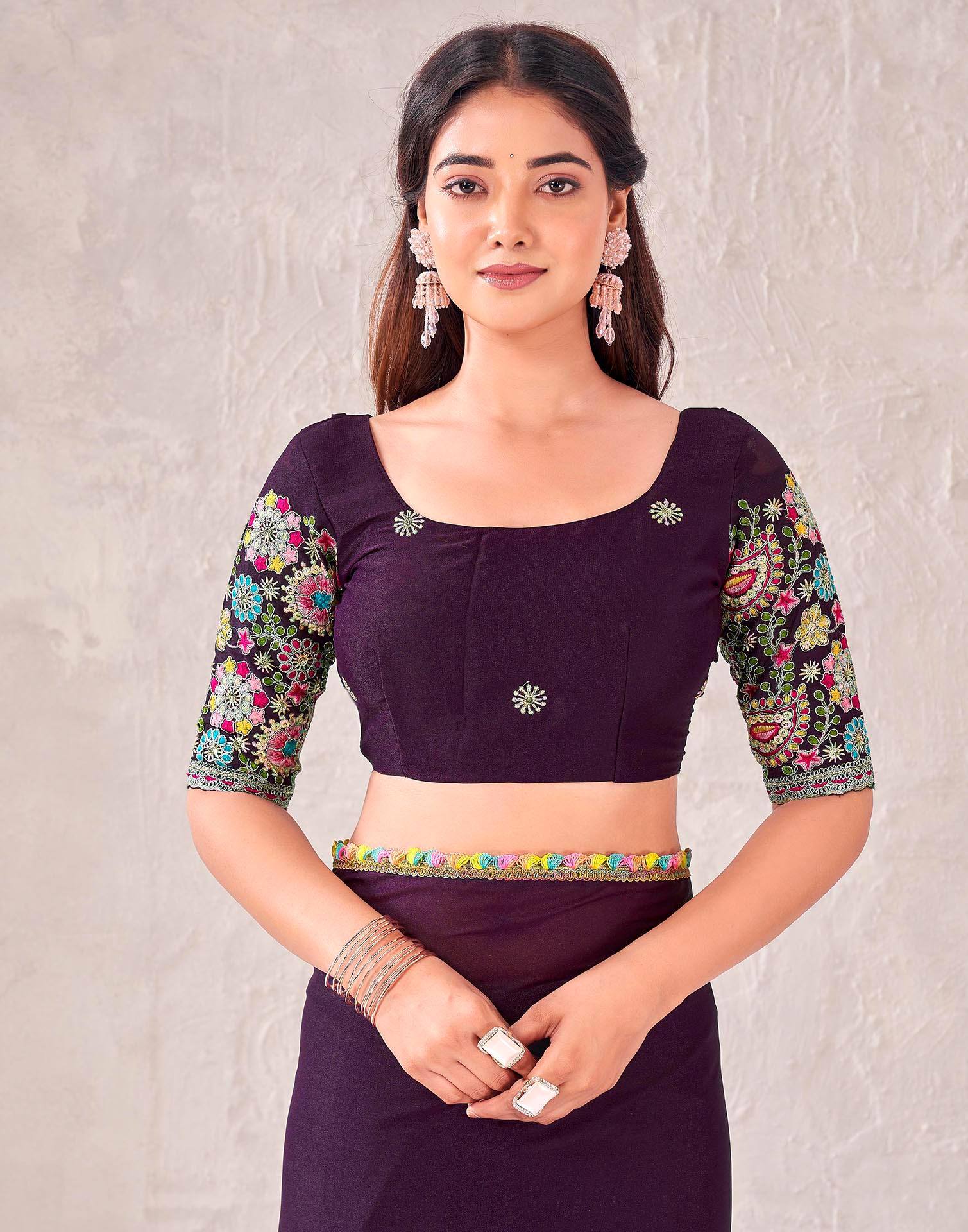 Wine Georgette Embroidery Lace Saree