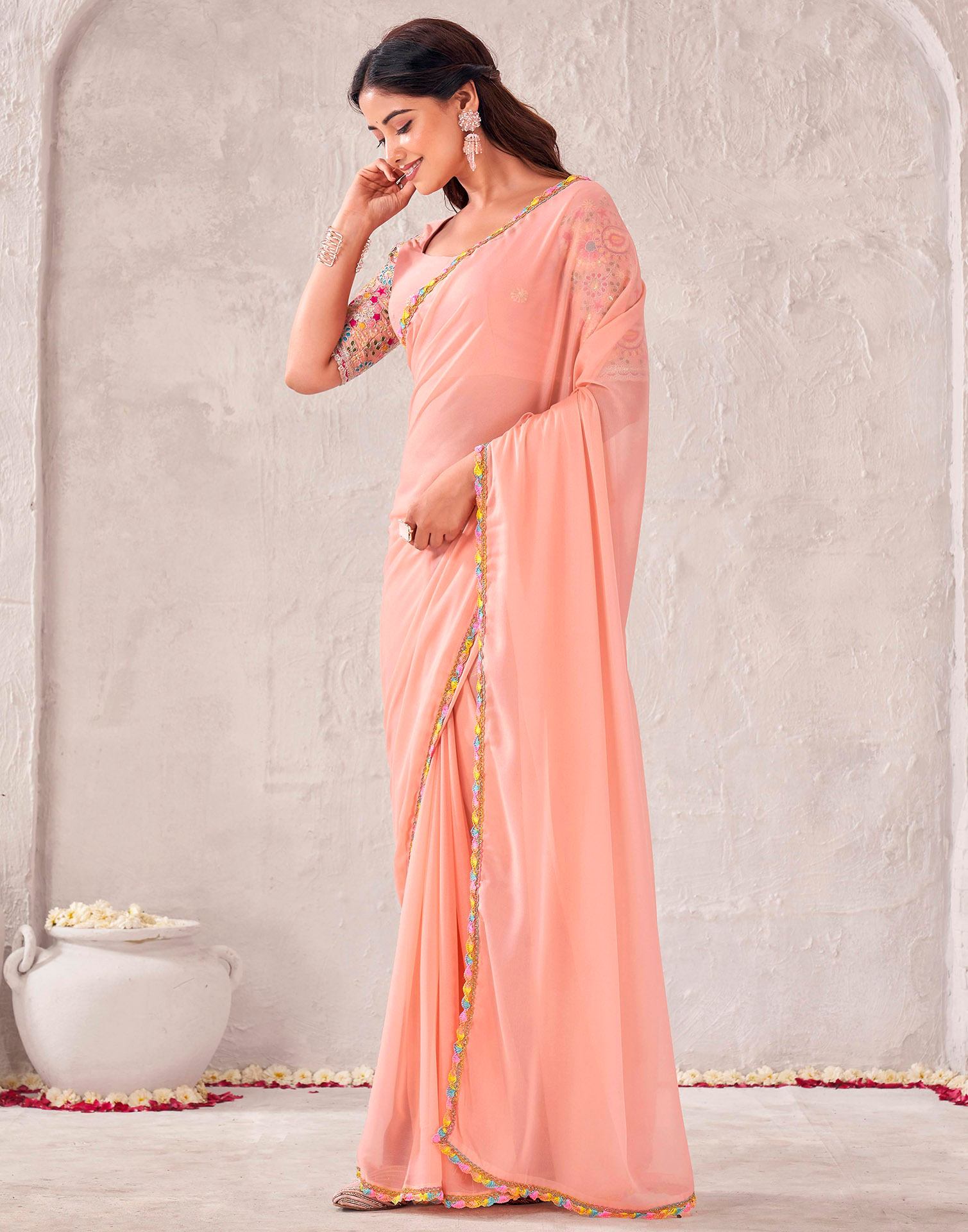 Peach Georgette Embroidery Lace Saree