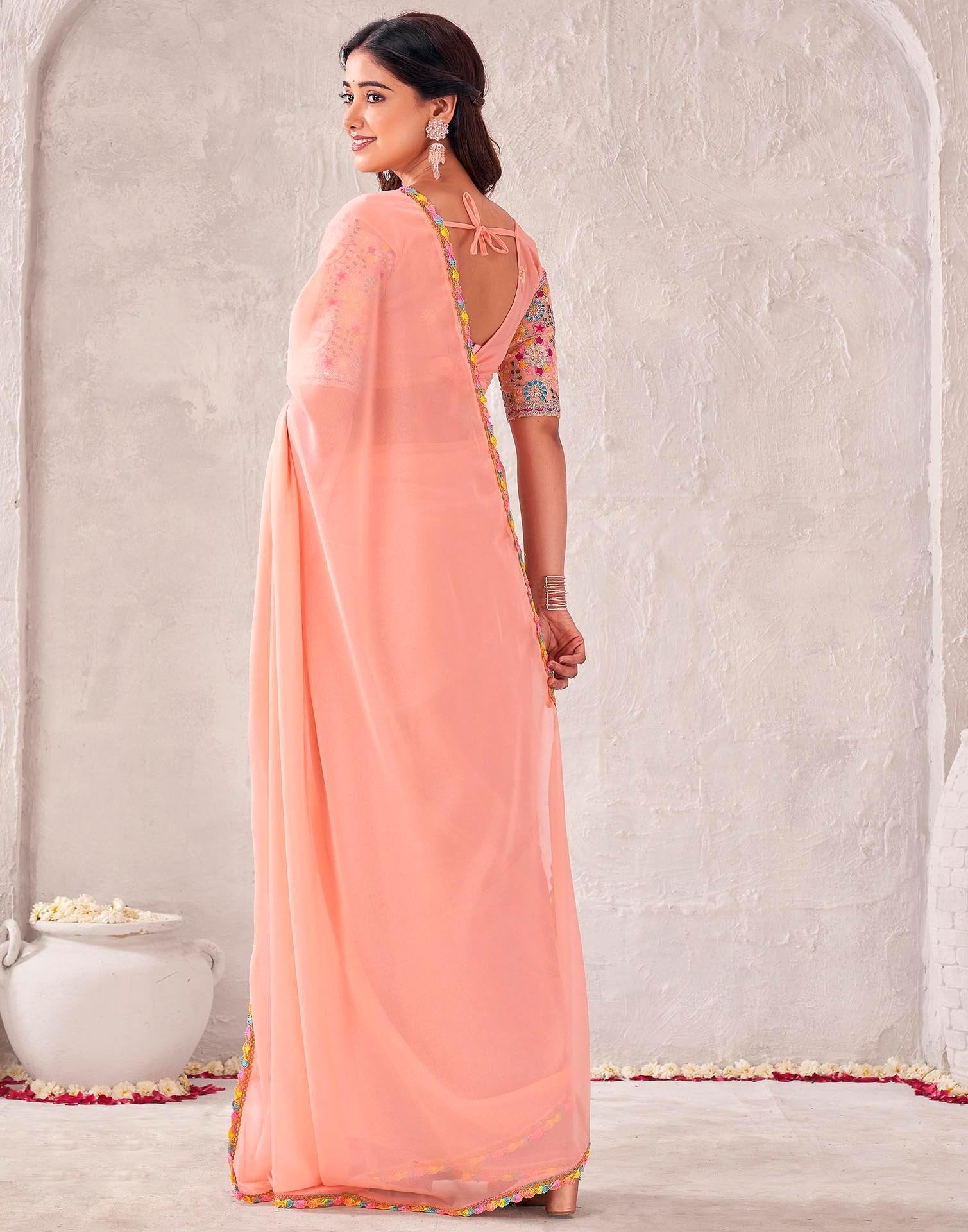 Peach Georgette Embroidery Lace Saree