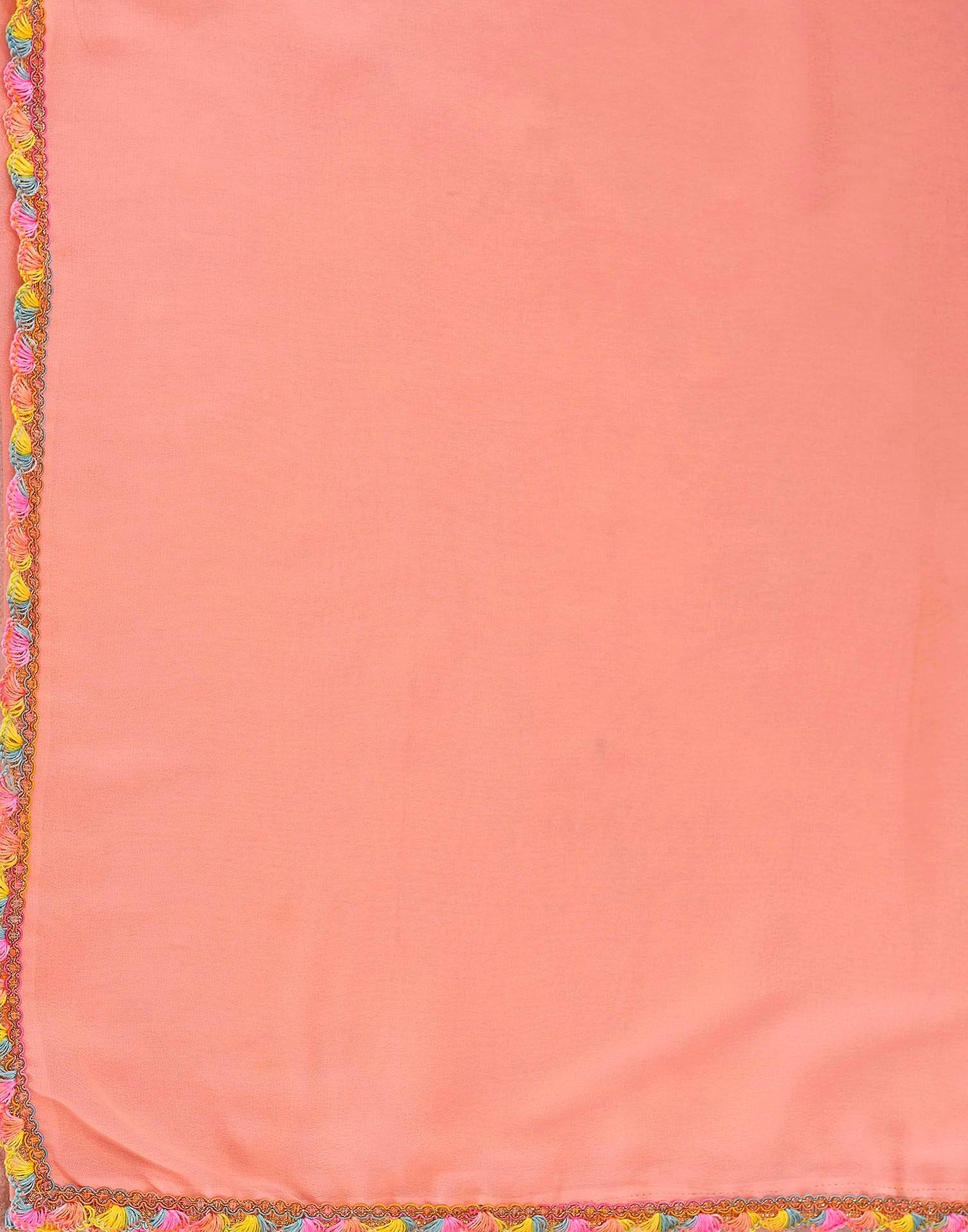 Peach Georgette Embroidery Lace Saree