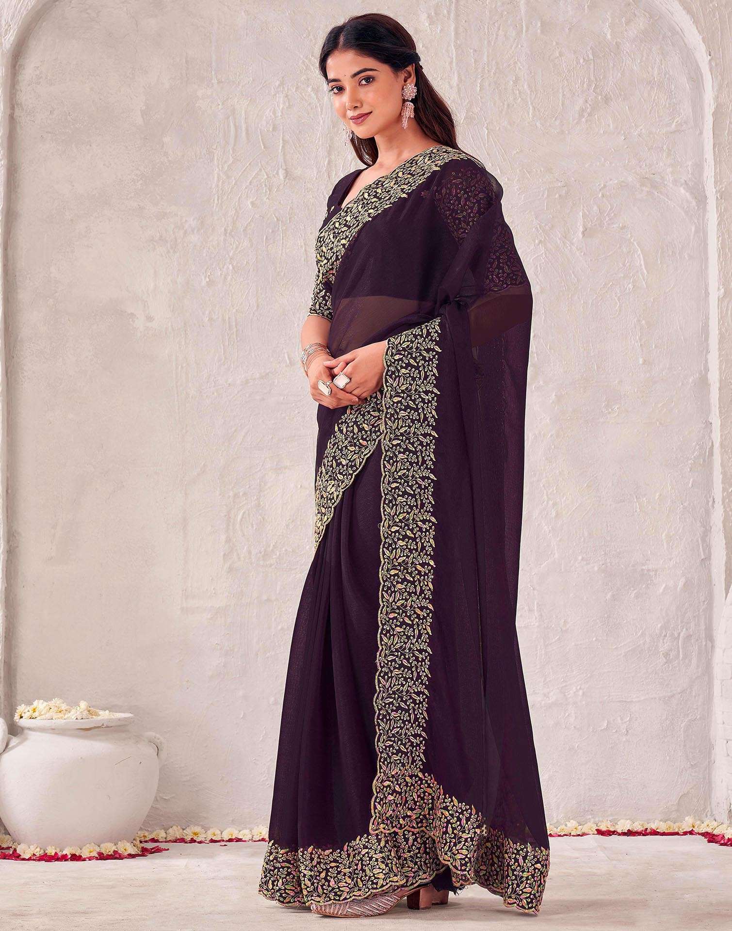 Wine Chiffon Embroidery Saree