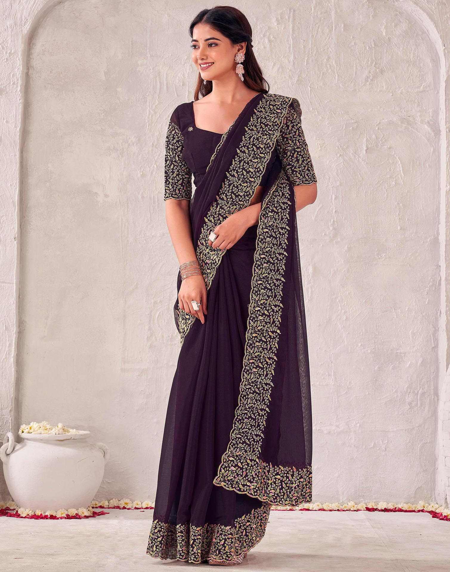 Wine Chiffon Embroidery Saree