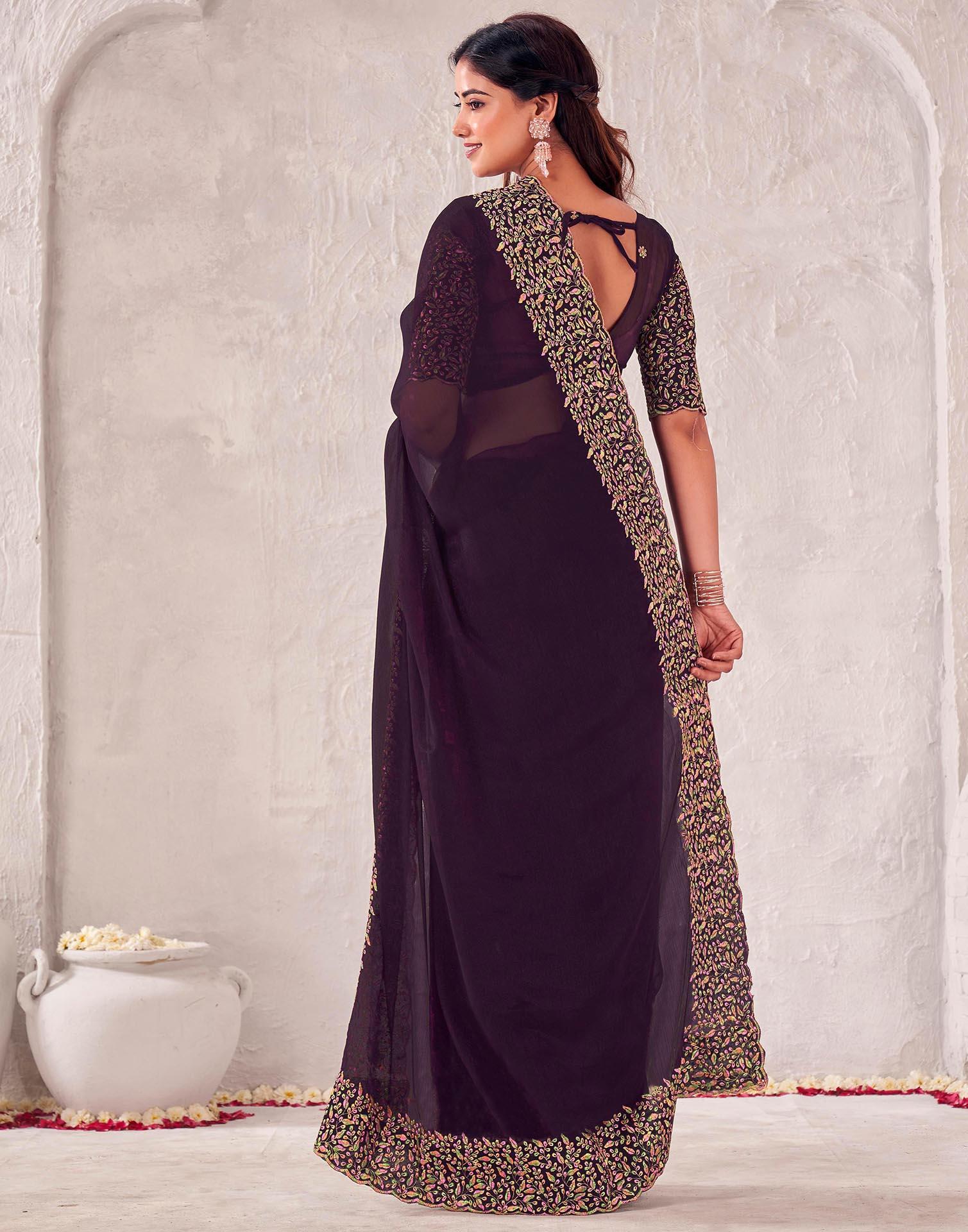 Wine Chiffon Embroidery Saree