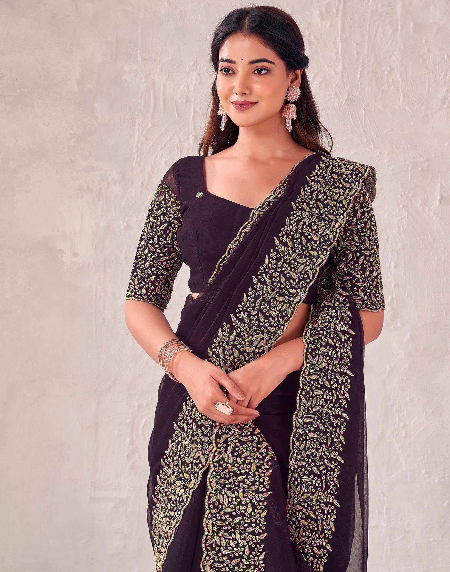 Wine Chiffon Embroidery Saree