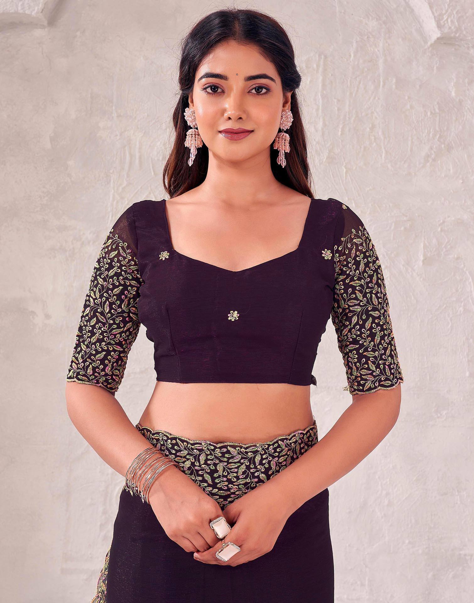 Wine Chiffon Embroidery Saree