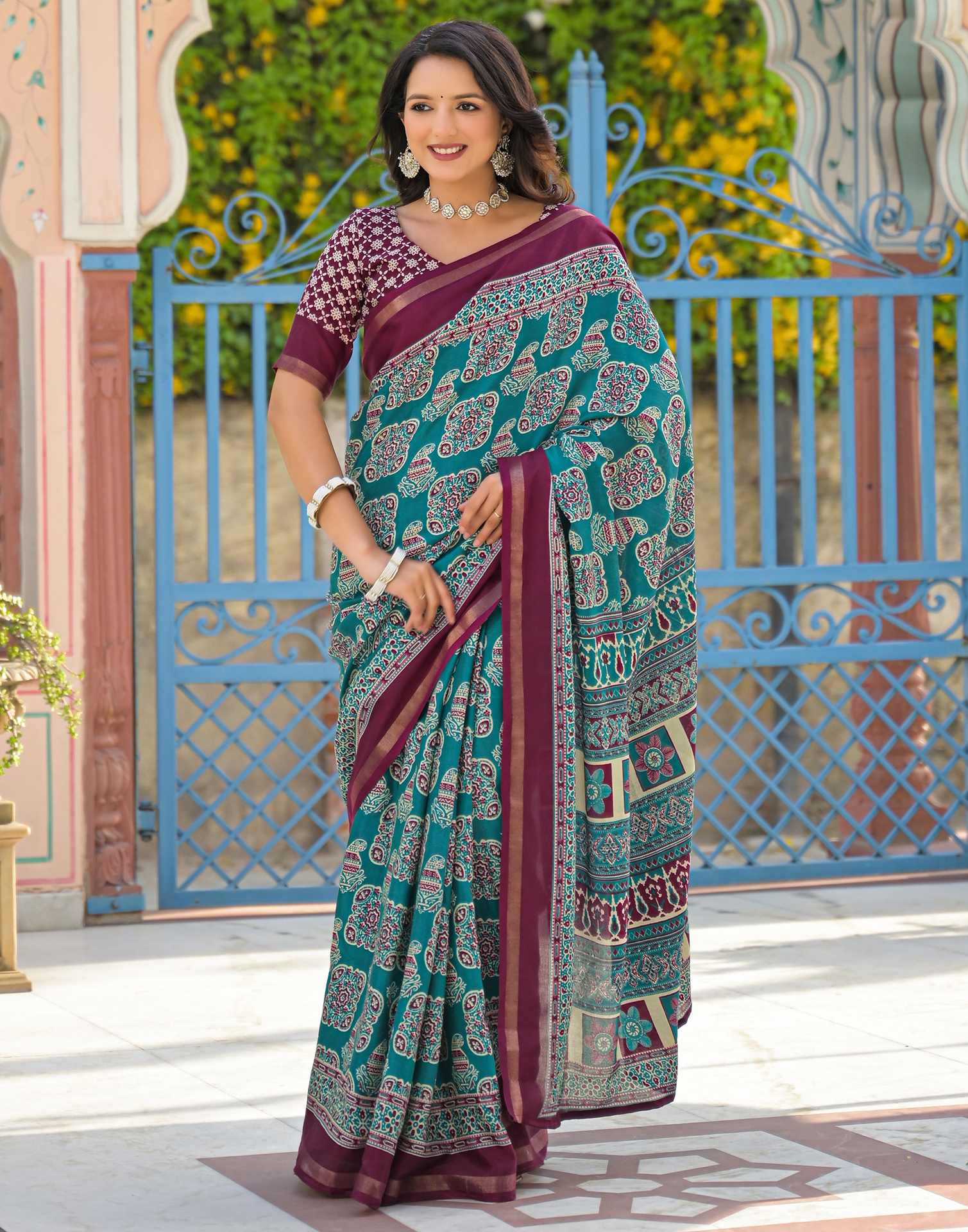 Teal Green Silk Printed Saree