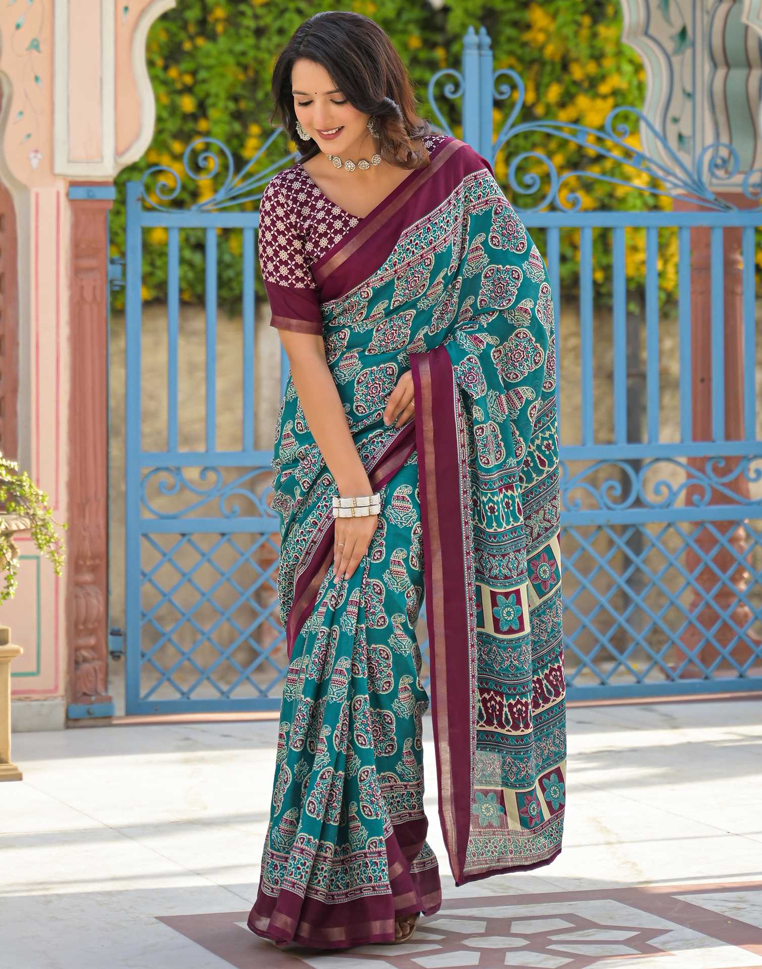 Teal Green Silk Printed Saree