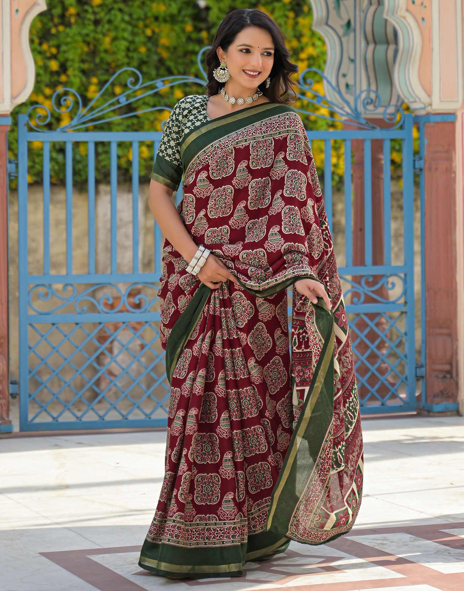 Maroon Silk Printed Saree