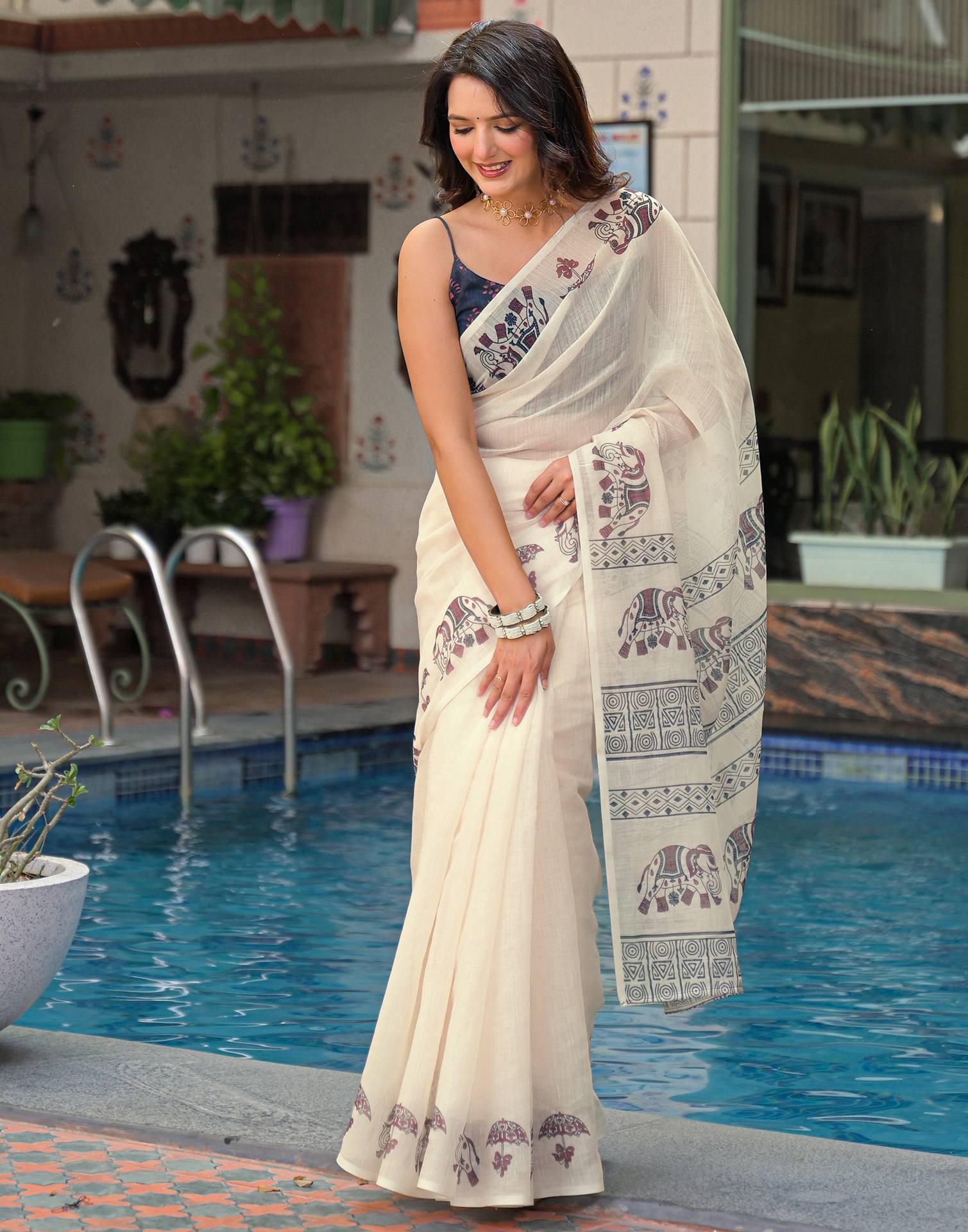 Beige Linen Printed Saree