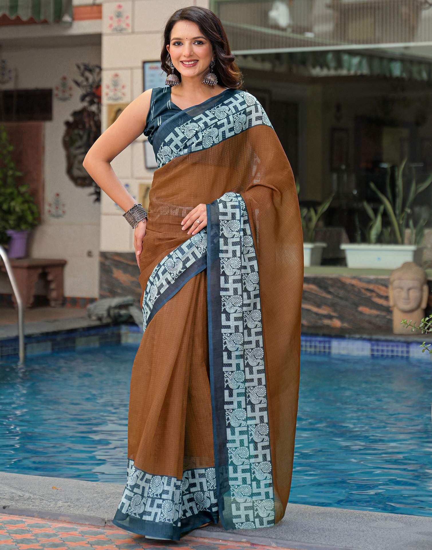 Brown Linen Printed Saree