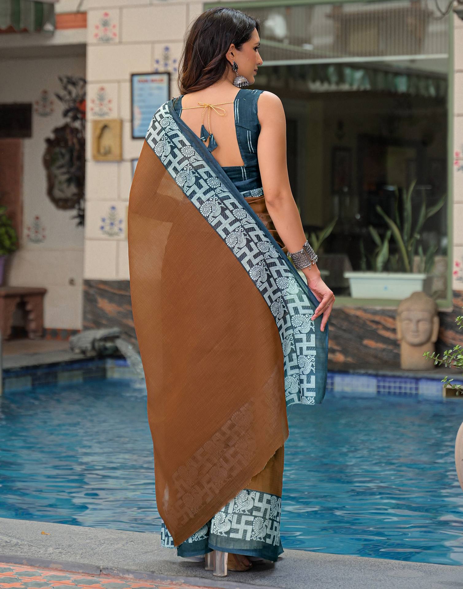 Brown Linen Printed Saree