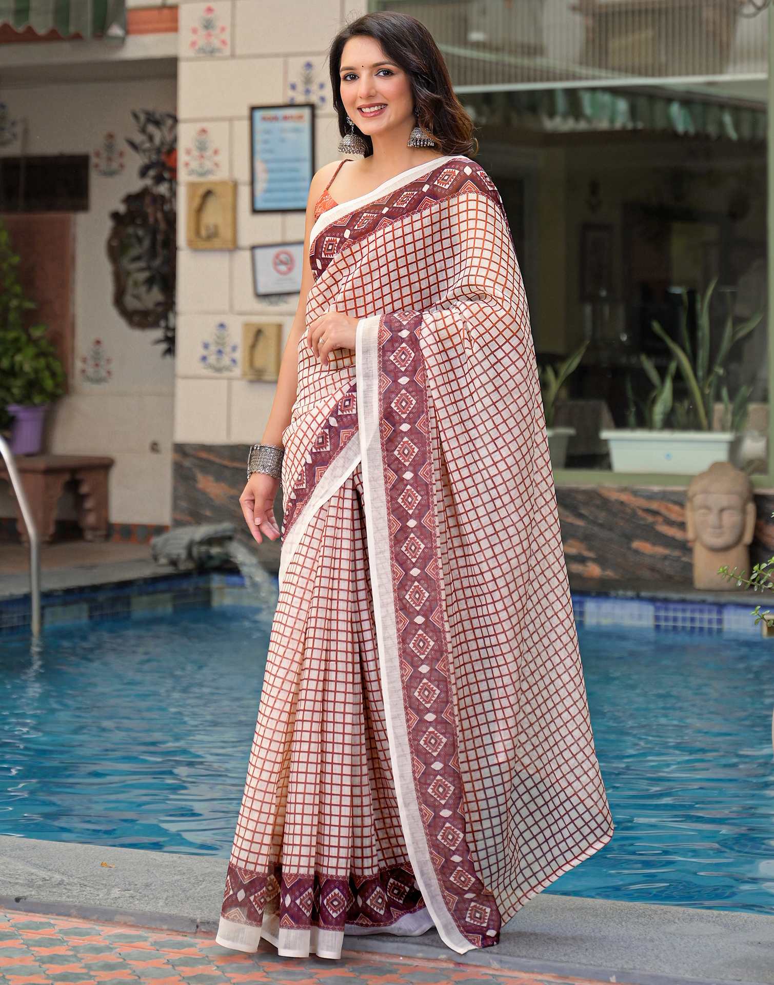 Off White Linen Printed Saree