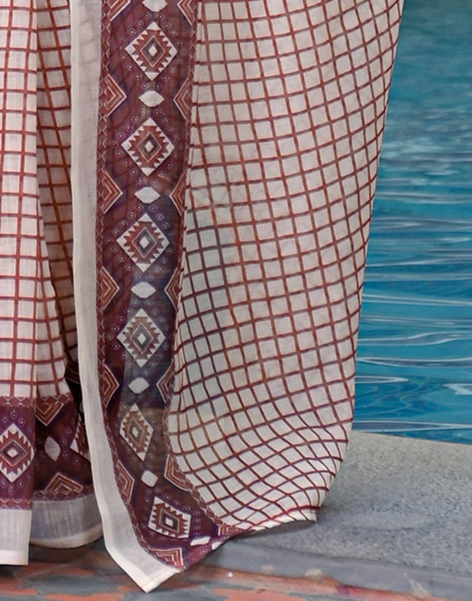 Off White Linen Printed Saree