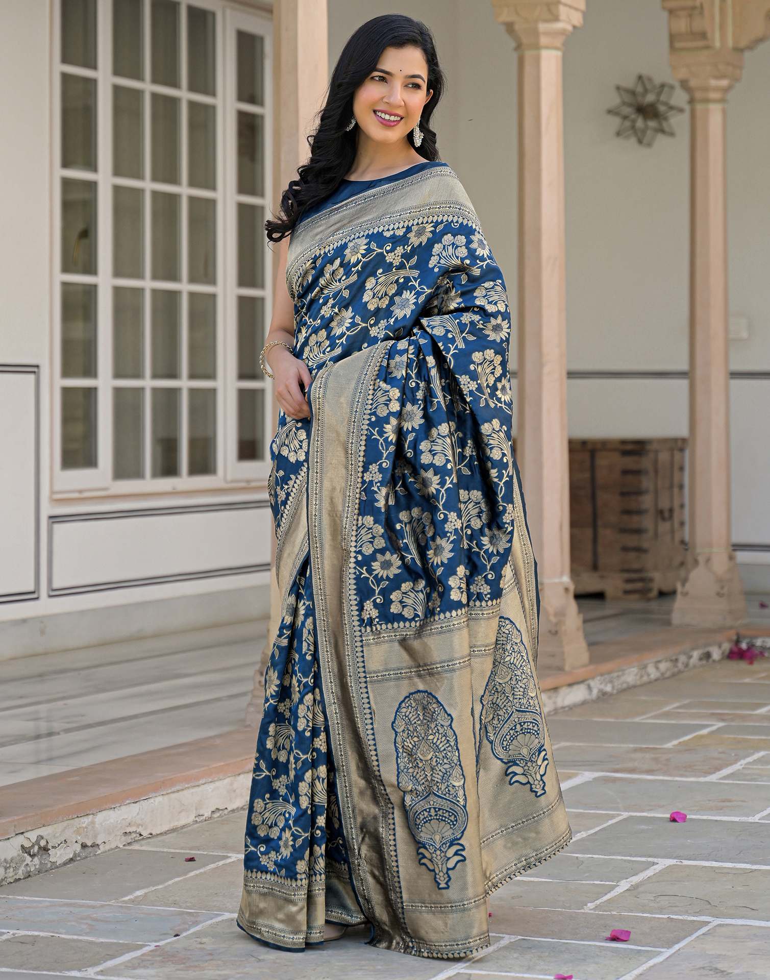Dark Blue Silk Woven Banarasi Saree